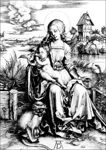 La Vierge Au Singe, engraving by Albrecht Dürer, vers 1498 (Ausmalbild von Gravur)