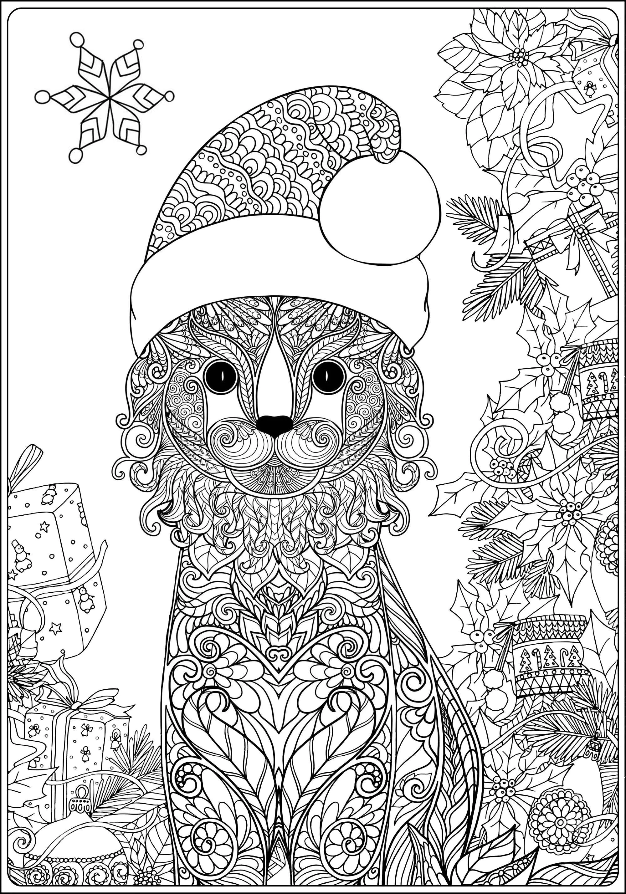 Niedliche Katze mit Weihnachtsmannmütze (Ausmalbild von Weihnachten zum Ausdrucken und Ausmalen für Erwachsene)