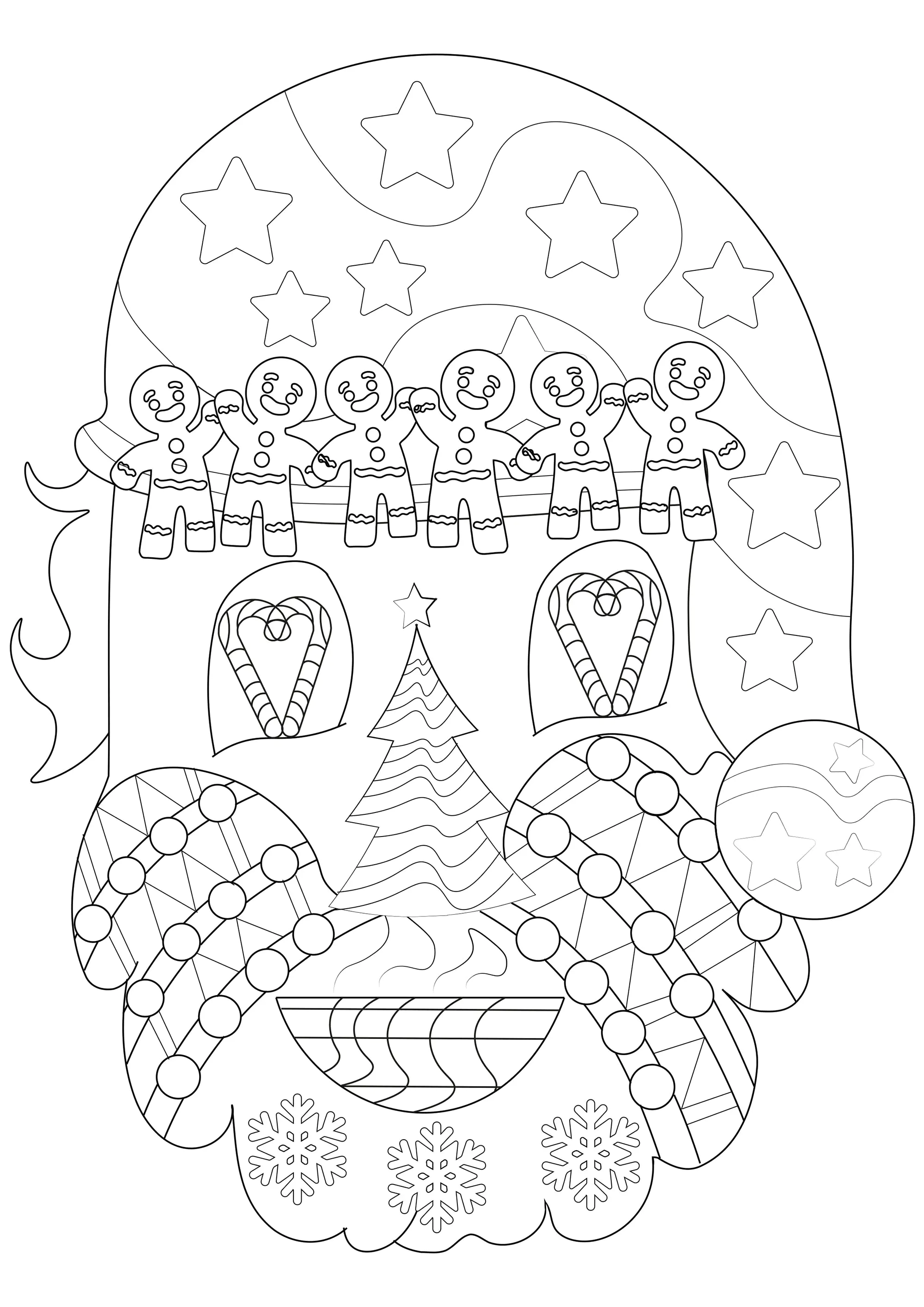 Kopf des Weihnachtsmanns mit Weihnachtssymbolen (Ausmalbild von Weihnachten zum Ausdrucken und Ausmalen für Erwachsene)