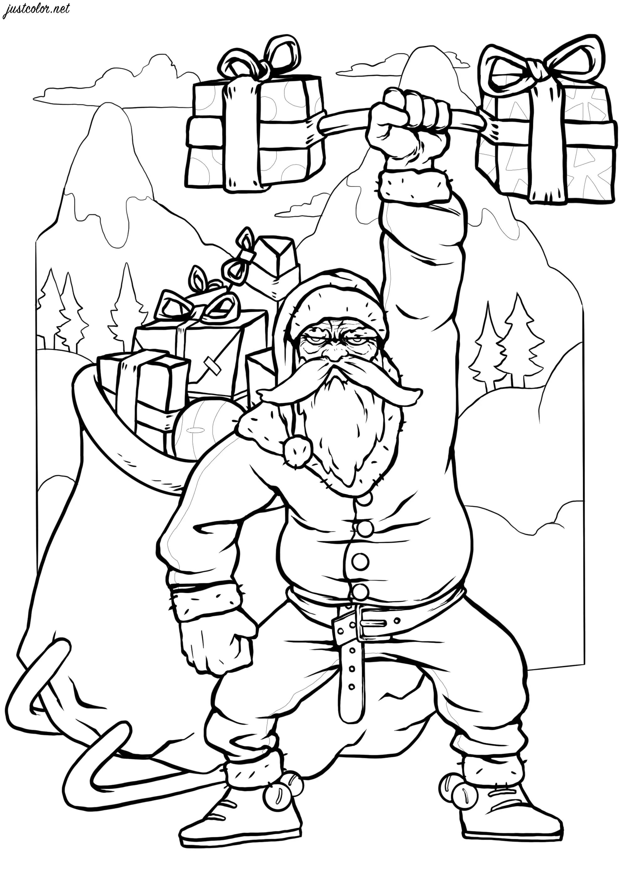 Bodybuilder-Weihnachtsmann (Ausmalbild von Weihnachten zum Ausdrucken und Ausmalen für Erwachsene)