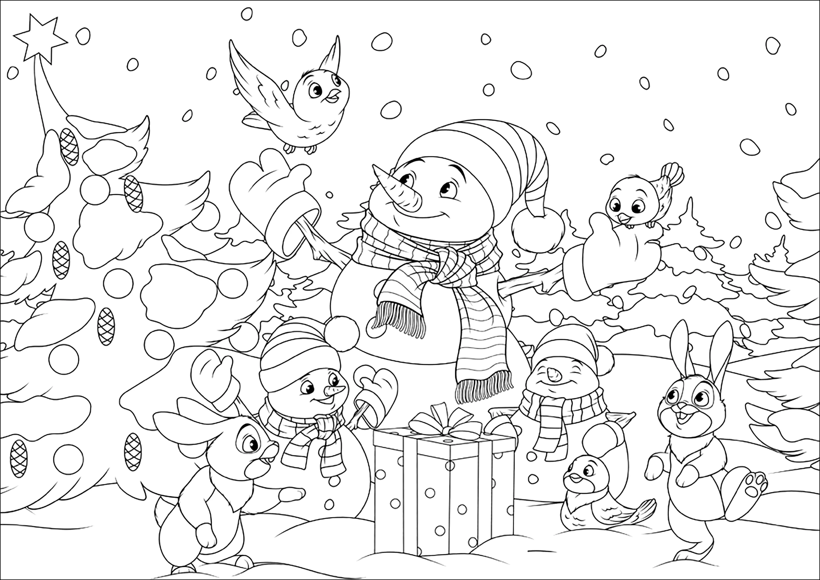 Schneemänner und ihre Waldfreunde (Ausmalbild von Weihnachten zum Ausdrucken und Ausmalen für Erwachsene)