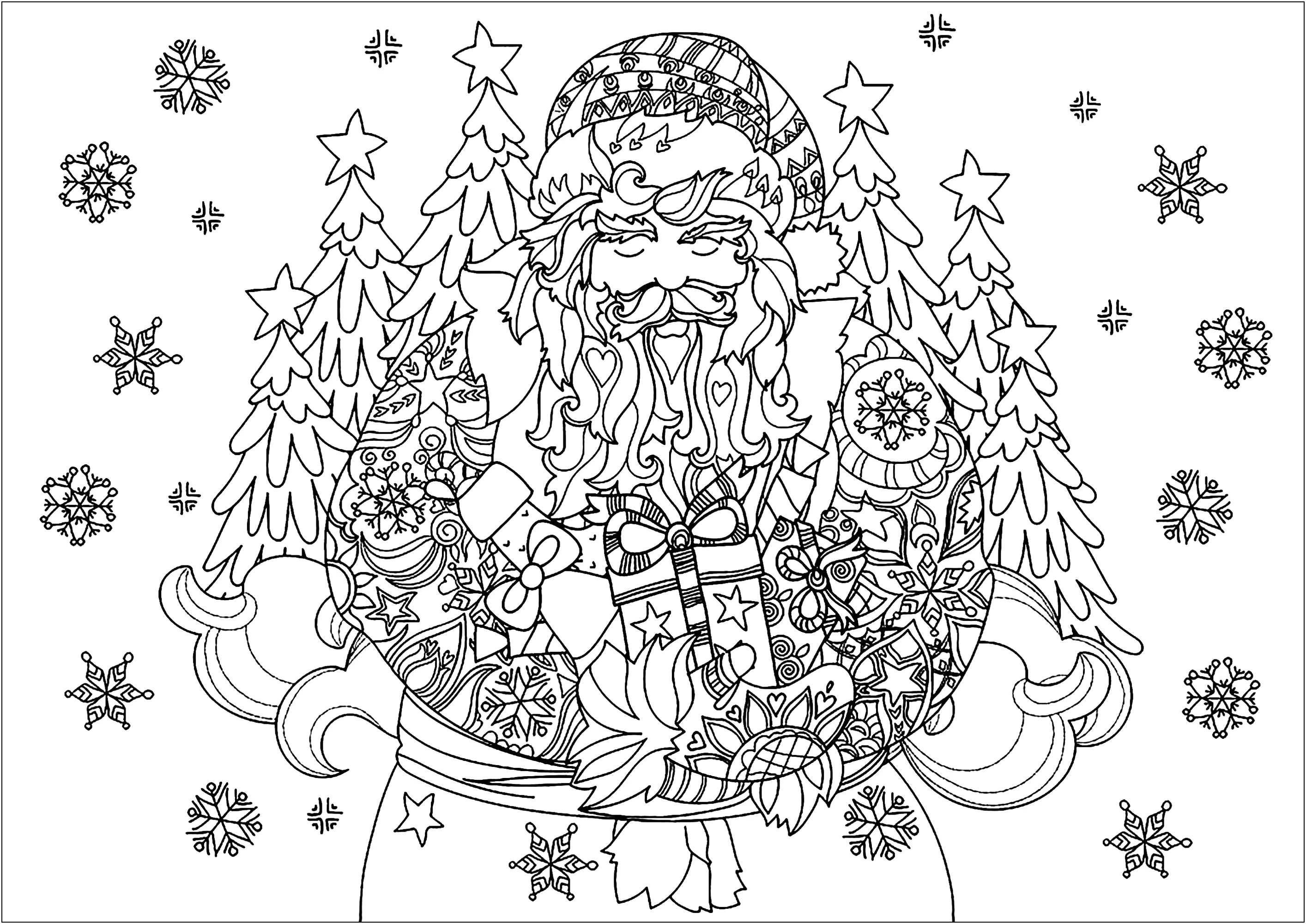 Weihnachtsmann mit Geschenken und Bäumen (Ausmalbild von Weihnachten zum Ausdrucken und Ausmalen für Erwachsene)