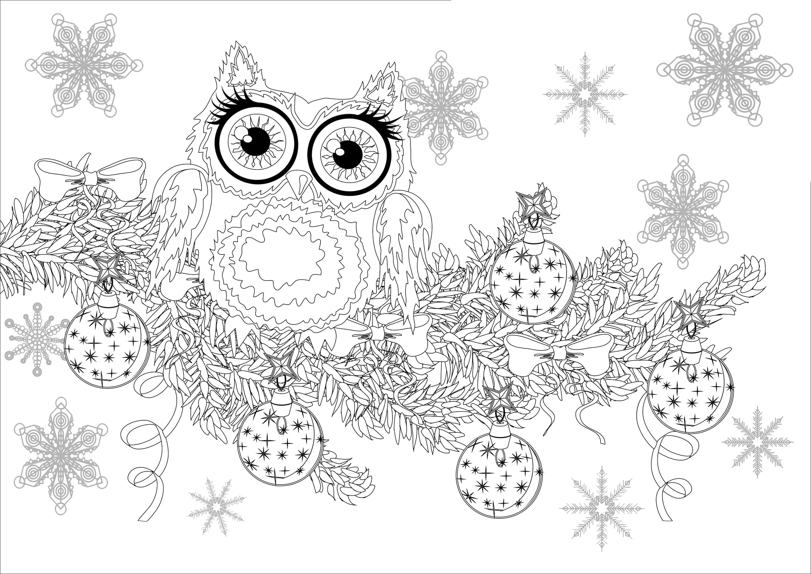 Eule auf einem Ast (Ausmalbild von Weihnachten zum Ausdrucken und Ausmalen für Erwachsene)