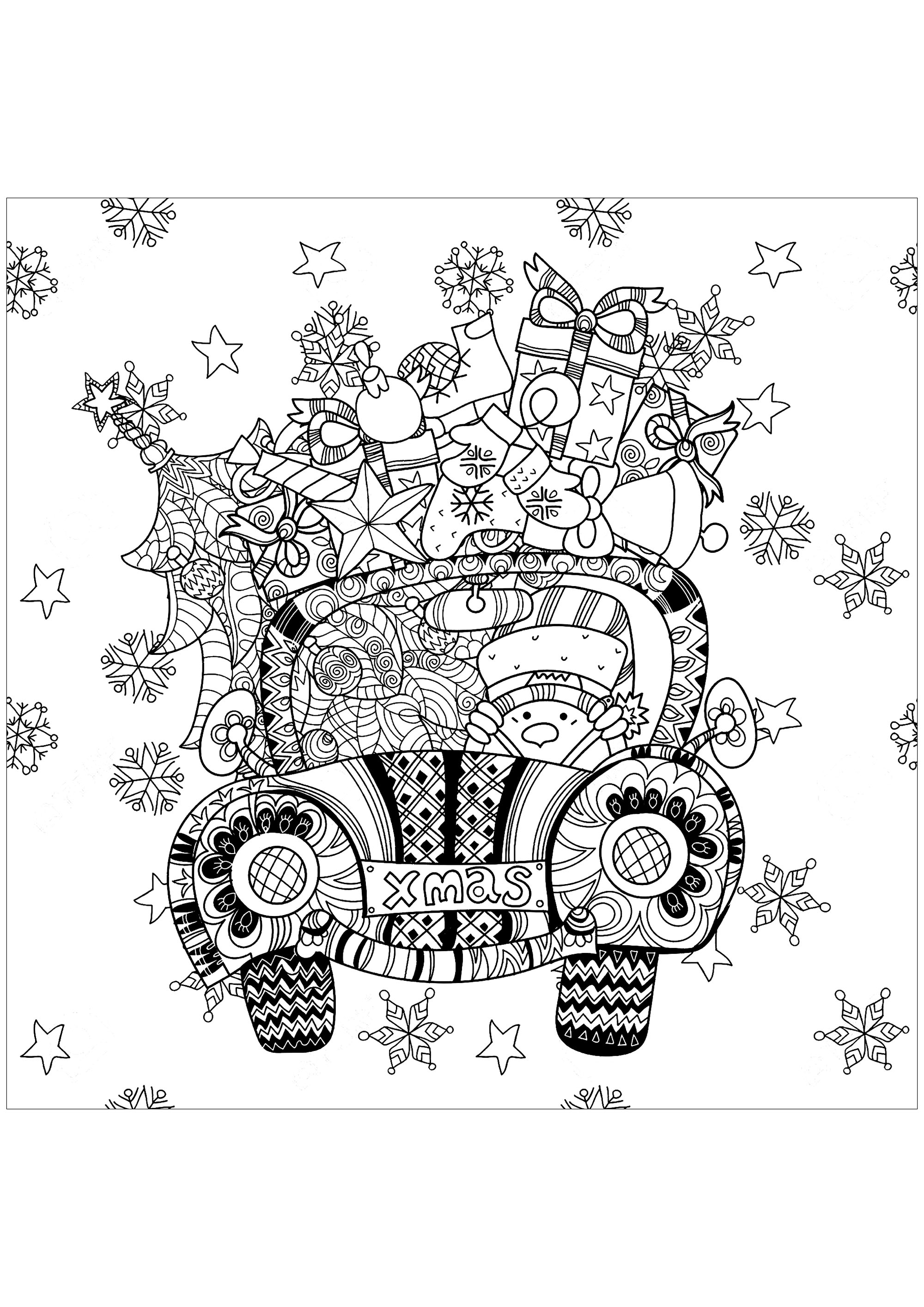 Bringen Sie Farbe in die Geschenke, die dieses kleine, von einem Schneemann gesteuerte Auto füllen. Diese Ausmalvorlage ist der perfekte Weg, um in Weihnachtsstimmung zu kommen. Sie ist lustig und inspirierend, und du kannst sie nach Lust und Laune gestalten.Also schnapp dir deine Buntstifte und hab Spaß!, Künstler : Ирина Язева   Quelle : 123rf