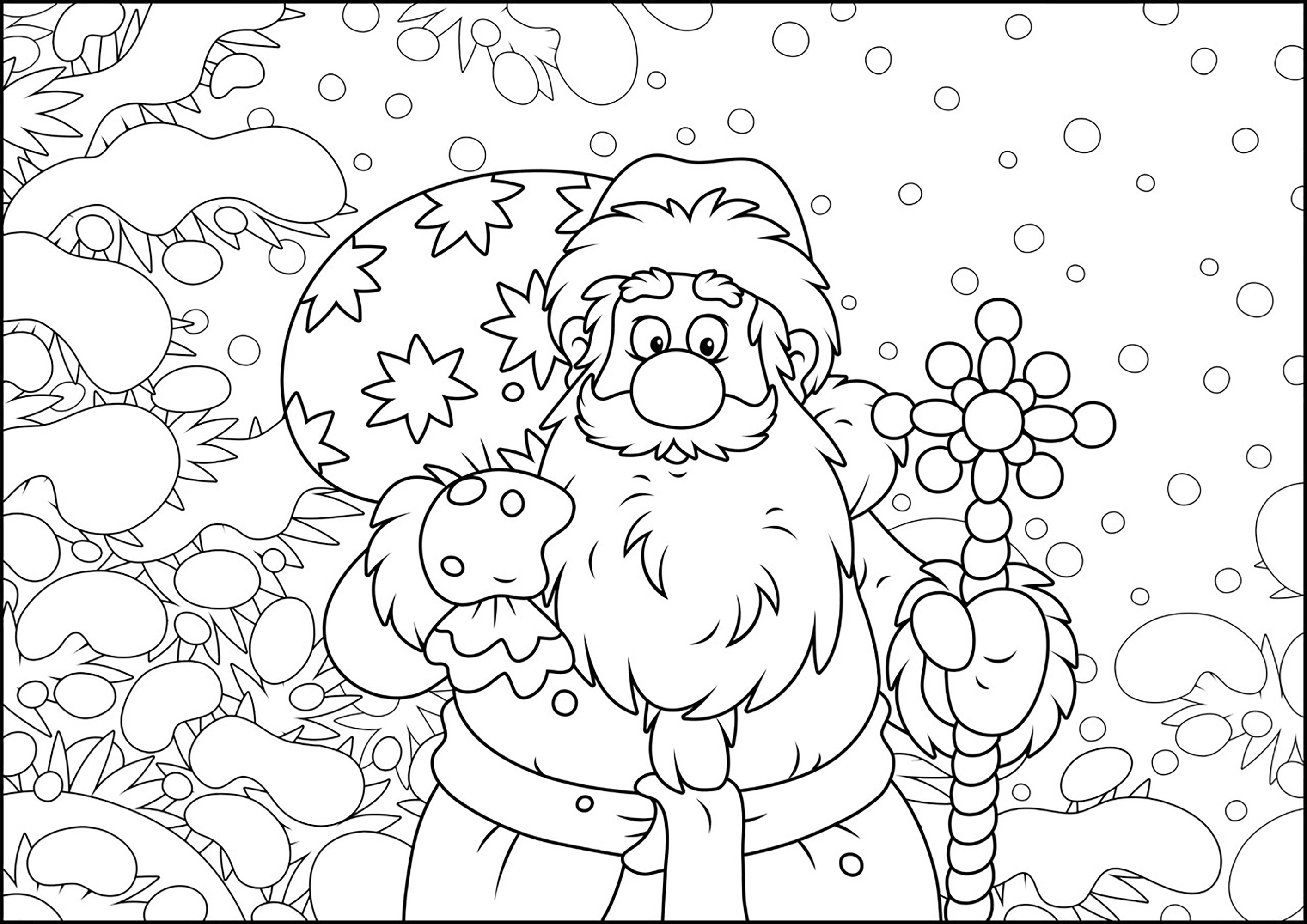 Der Weihnachtsmann im Cartoon-Modus. Färben Sie diesen Weihnachtsmann, der in einer verschneiten Landschaft Geschenke an brave Kinder verteilt, Quelle : 123rf   Künstler : Alex. Bannykh
