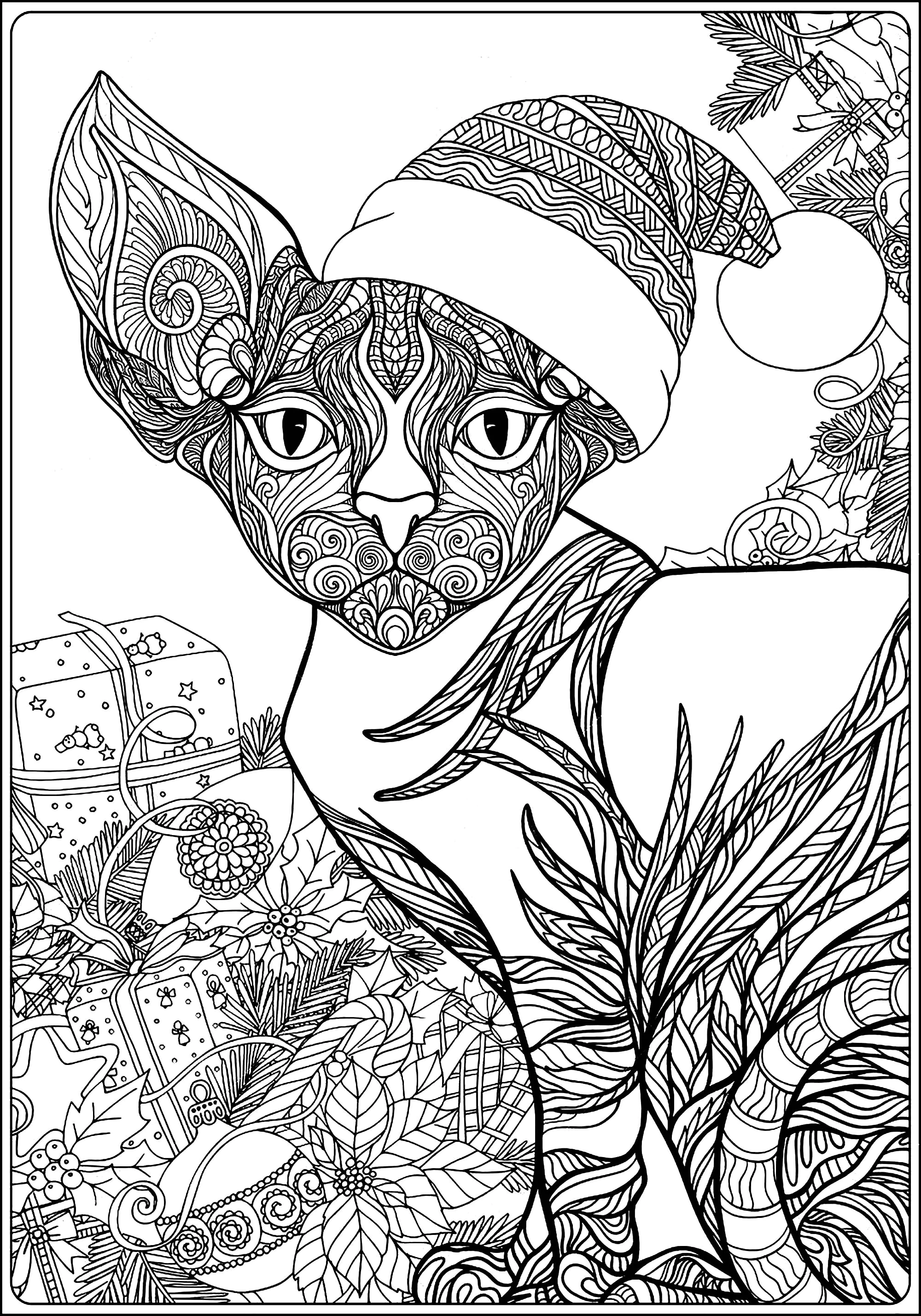 Katze (Sphynx) bereit für Weihnachten (Ausmalbild zum Ausdrucken und Ausmalen für Erwachsene)