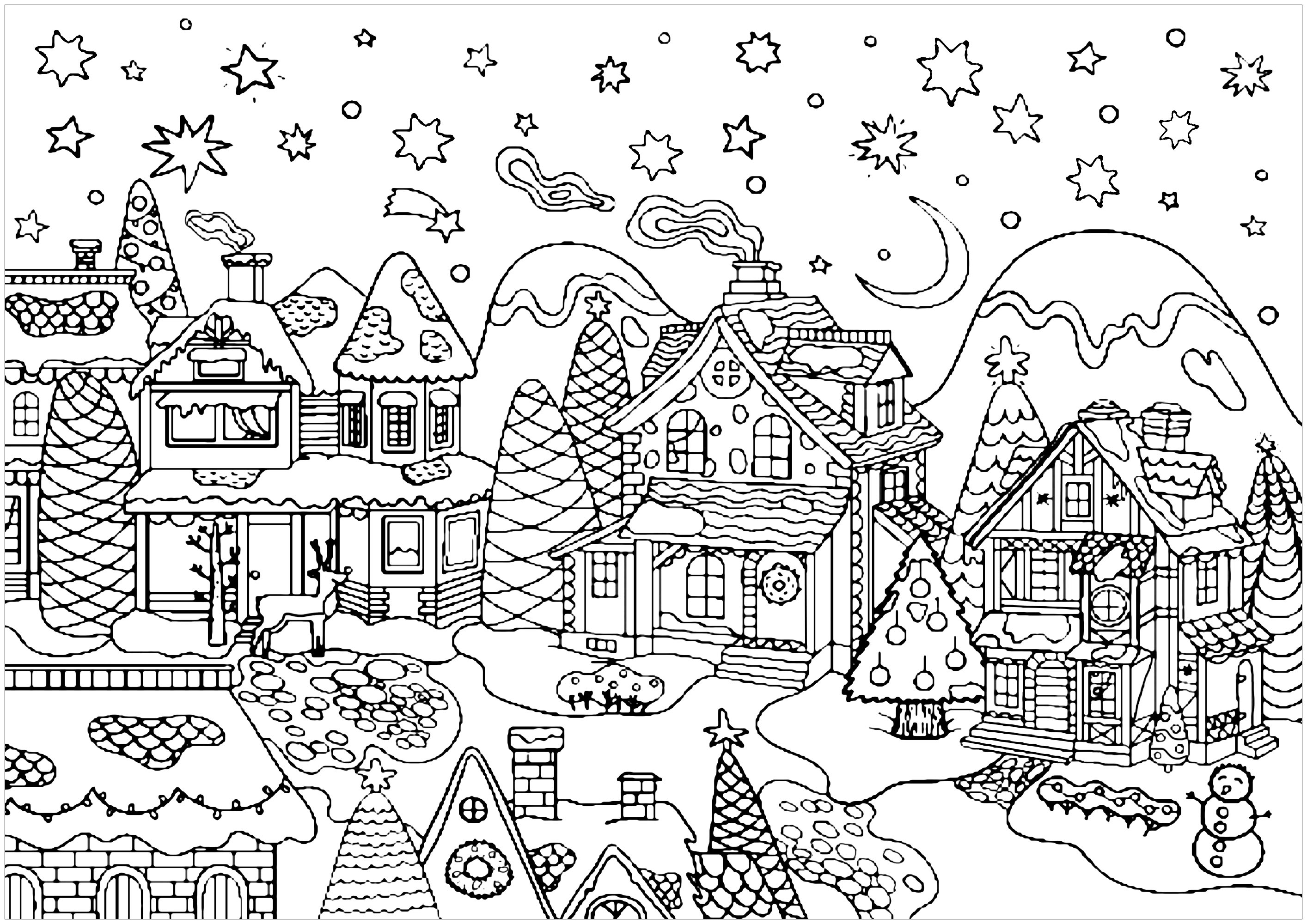 Färbe all die schönen Häuser dieses niedlichen verschneiten Dorfes, das bereit ist, Weihnachten zu feiern
