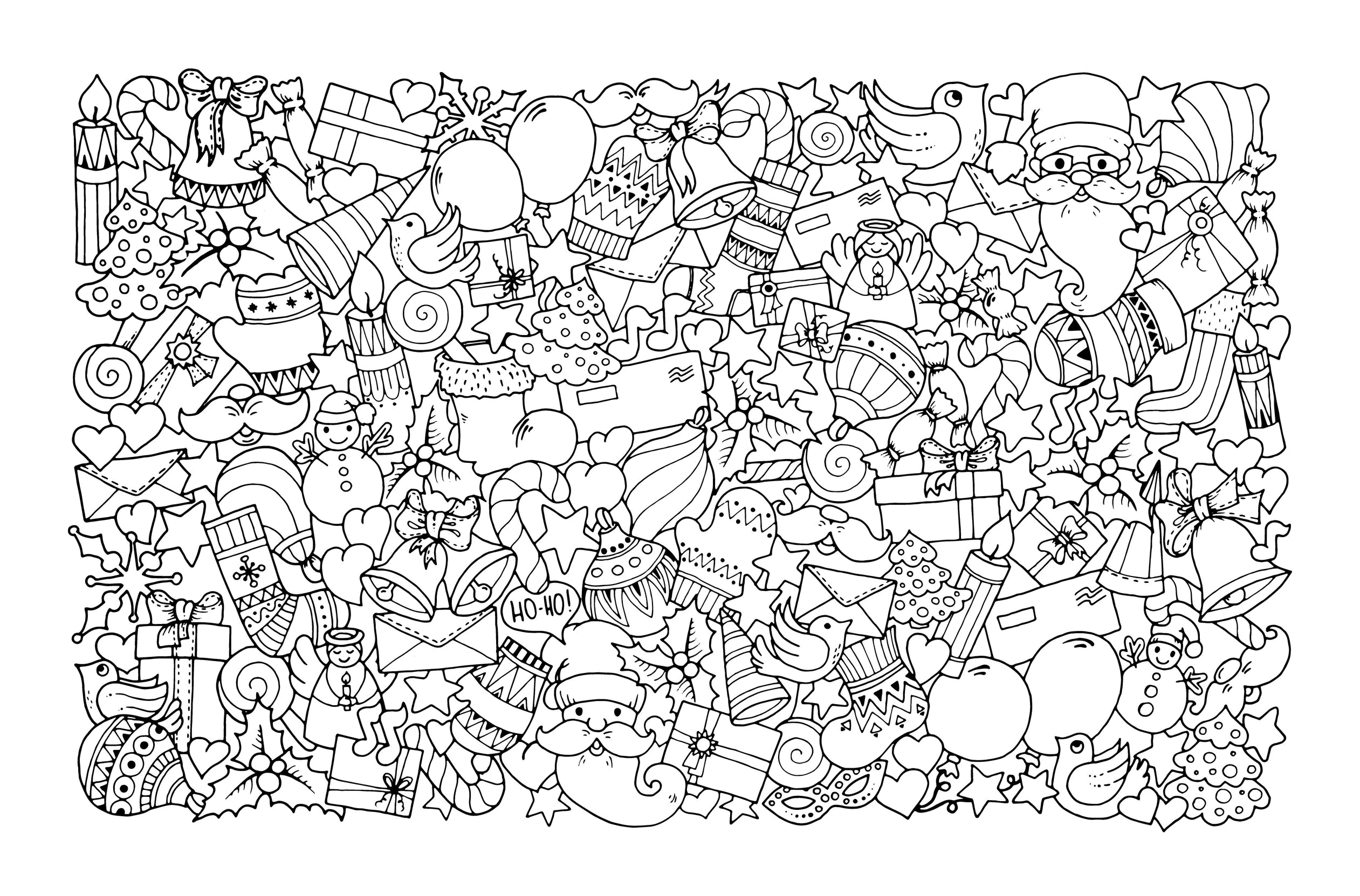 Weihnachts-Doodle mit Weihnachtsmann (Ausmalbild von Weihnachten zum Ausdrucken und Ausmalen für Erwachsene)