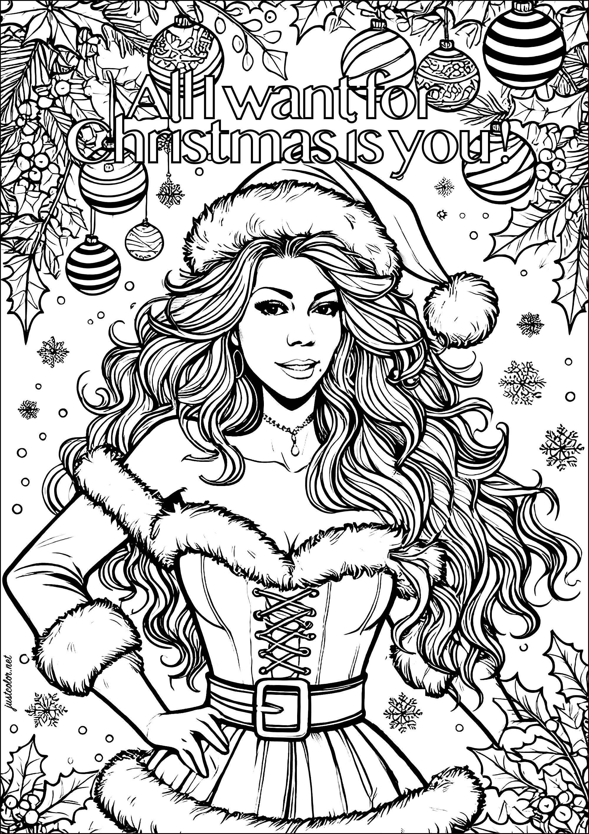 Mariah Carey als Frau Claus (Ausmalbild von Weihnachten zum Ausdrucken und Ausmalen für Erwachsene)