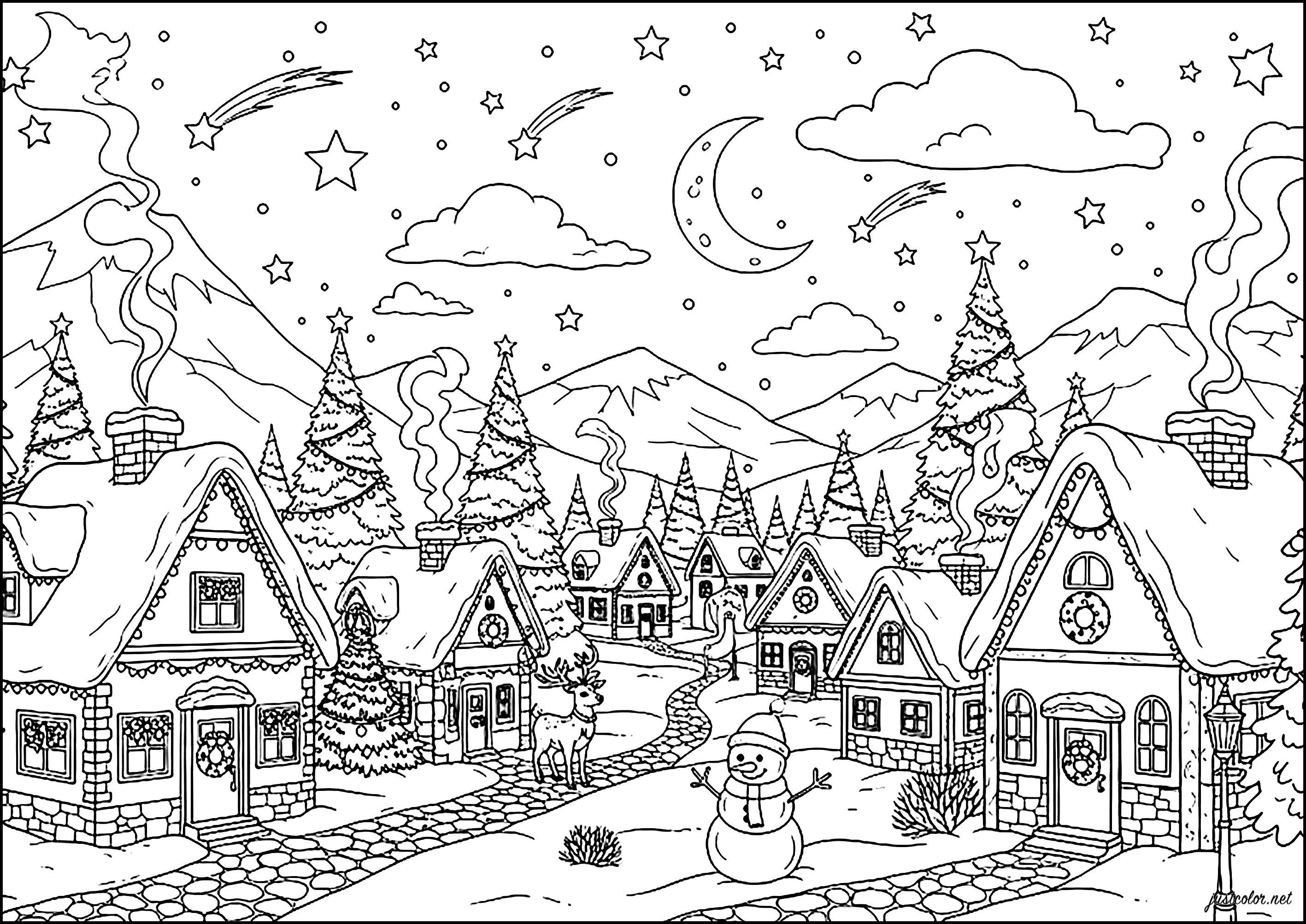 Charmantes Winterdorf (Ausmalbild von Weihnachten zum Ausdrucken und Ausmalen für Erwachsene)