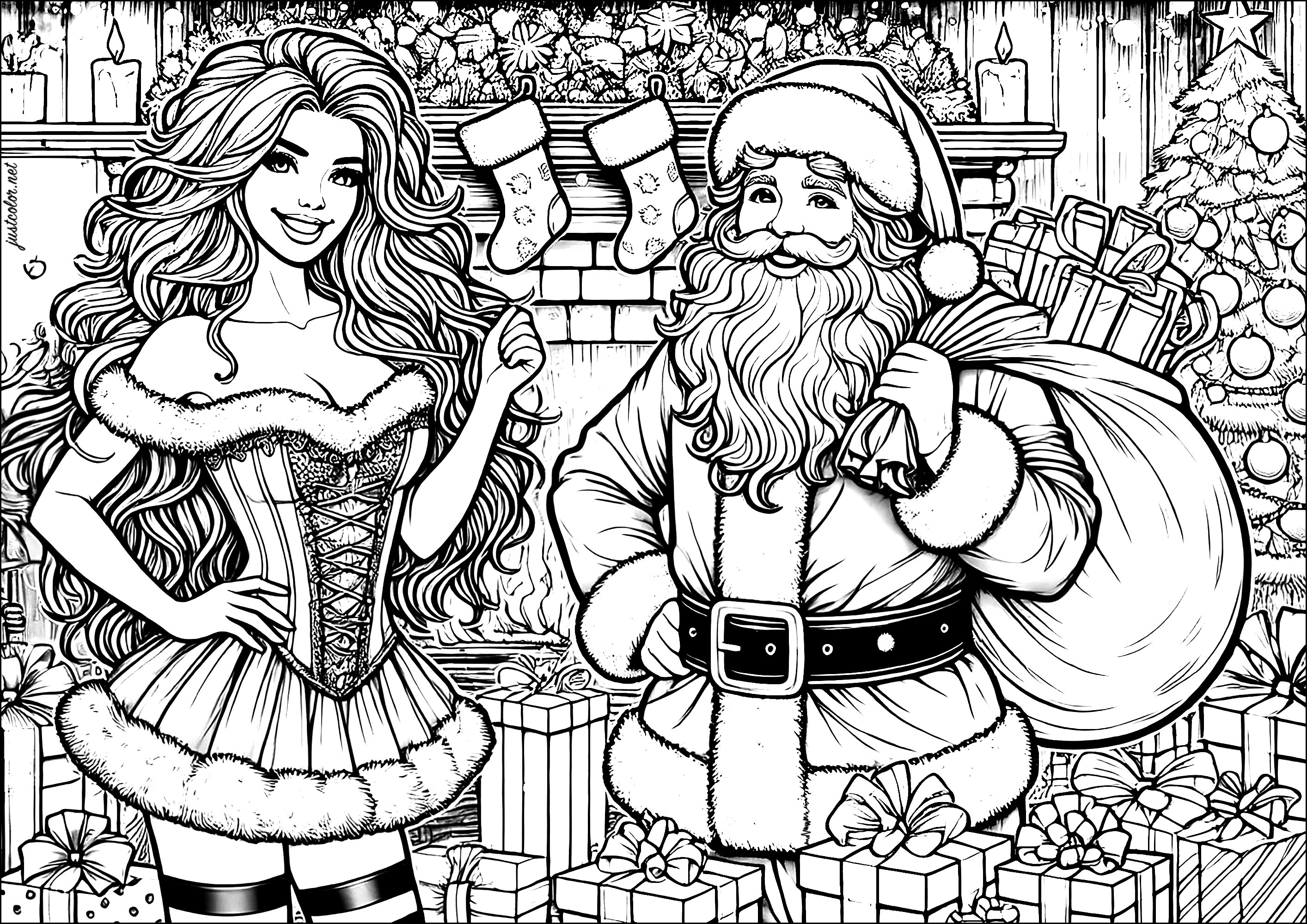Der Weihnachtsmann und eine schöne Frau, die wie er gekleidet ist (Ausmalbild von Weihnachten zum Ausdrucken und Ausmalen für Erwachsene)