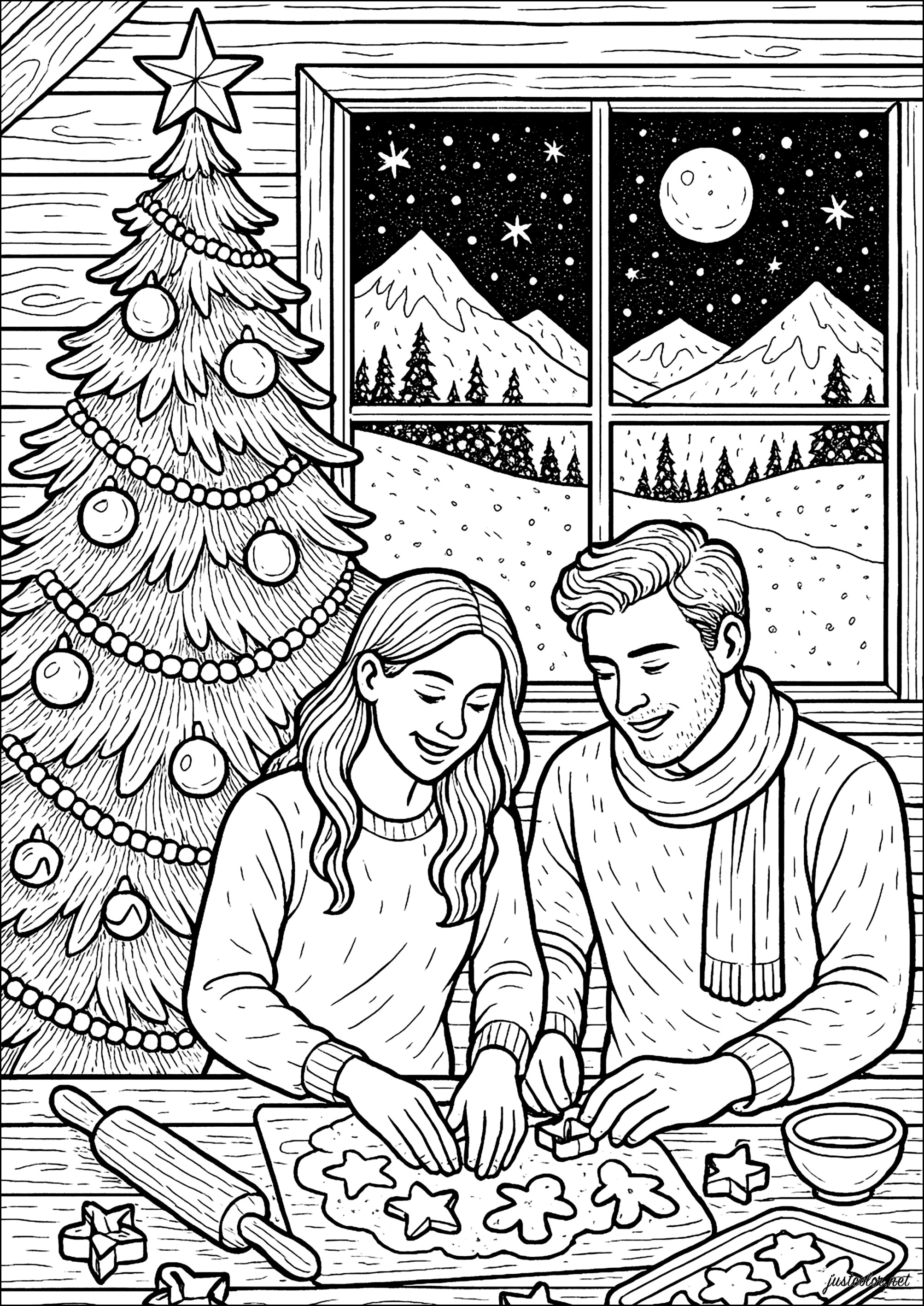 Weihnachtsnacht in der Hütte (Ausmalbild von Weihnachten zum Ausdrucken und Ausmalen für Erwachsene)