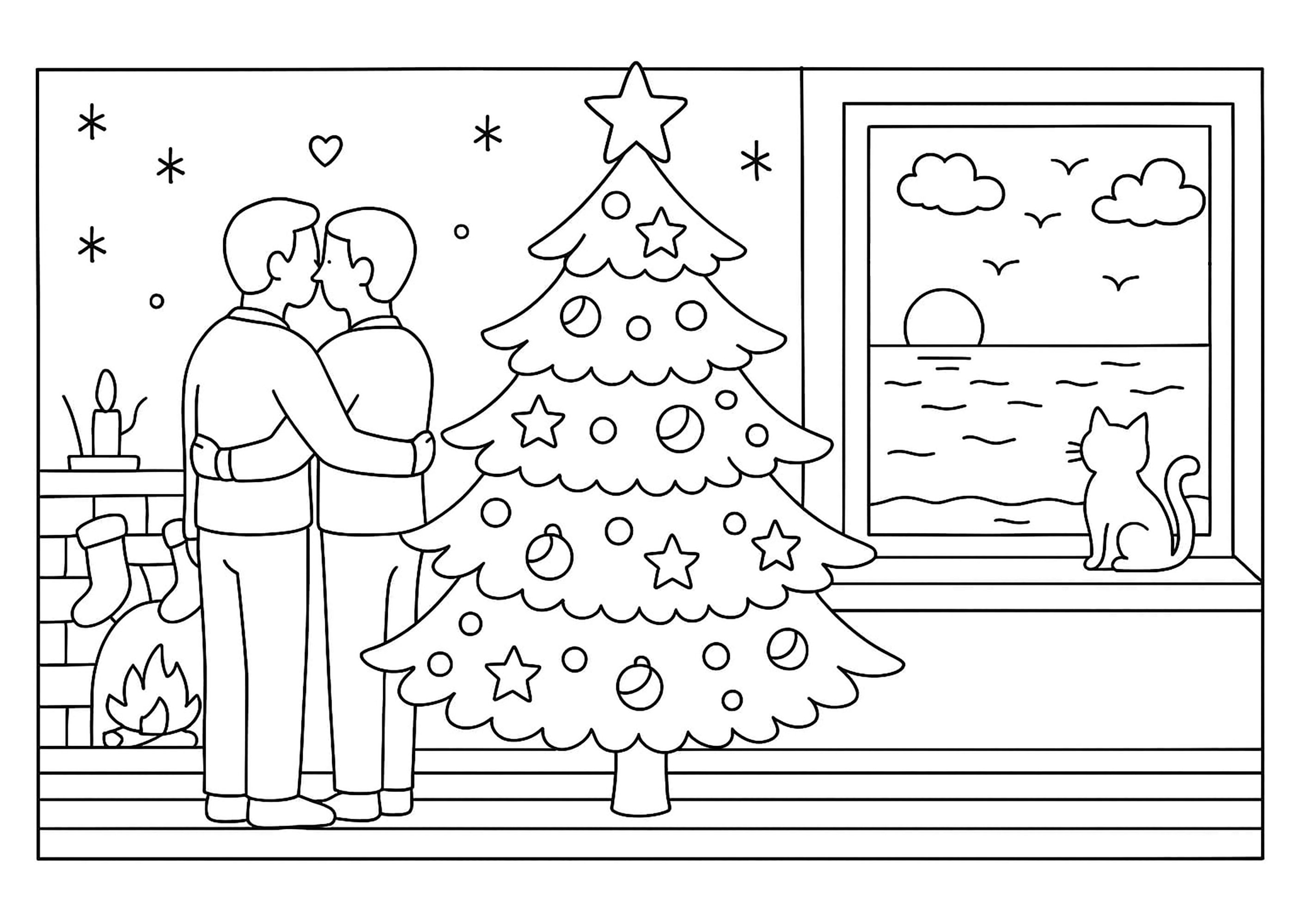 Paar umarmt sich am Weihnachtsbaum (Ausmalbild von Weihnachten zum Ausdrucken und Ausmalen für Erwachsene)