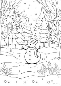 Schneemann im verschneiten Wald (Ausmalbild von Weihnachten)