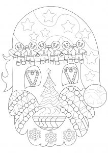 Kopf des Weihnachtsmanns mit Weihnachtssymbolen (Ausmalbild von Weihnachten)