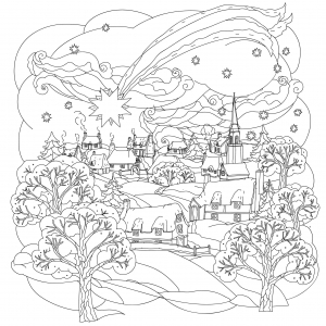 Weihnachtsstern fliegt über Winterdorf (Ausmalbild von Weihnachten)