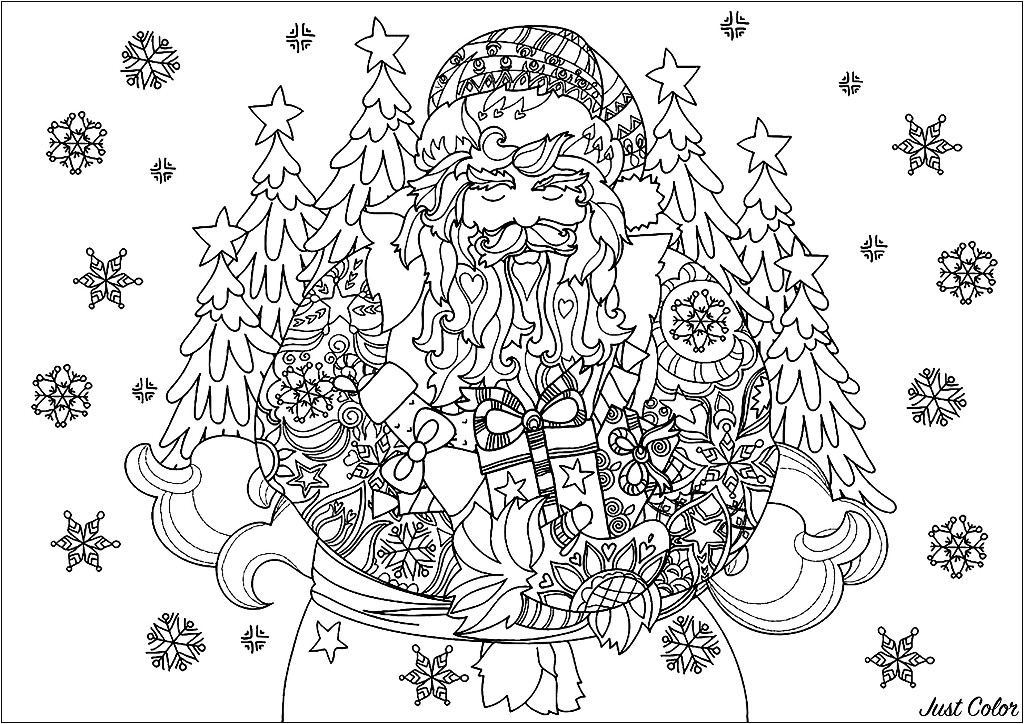 Niedliche Weihnachtsmann Zeichnung, mit Schneeflocken um ihn herum