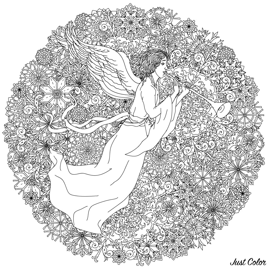 Färbe diese unglaubliche kreisförmige Zeichnung mit einem Engel, der von vielen Schneeflocken umgeben ist.