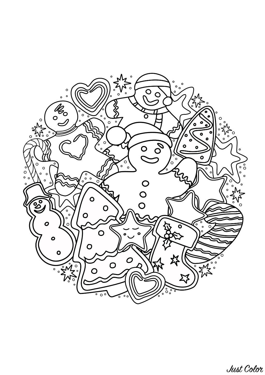 Lebkuchenmänner und Kuchen, die Weihnachtsbäume, Schneemänner, Leckereien und Süßigkeiten darstellen ...