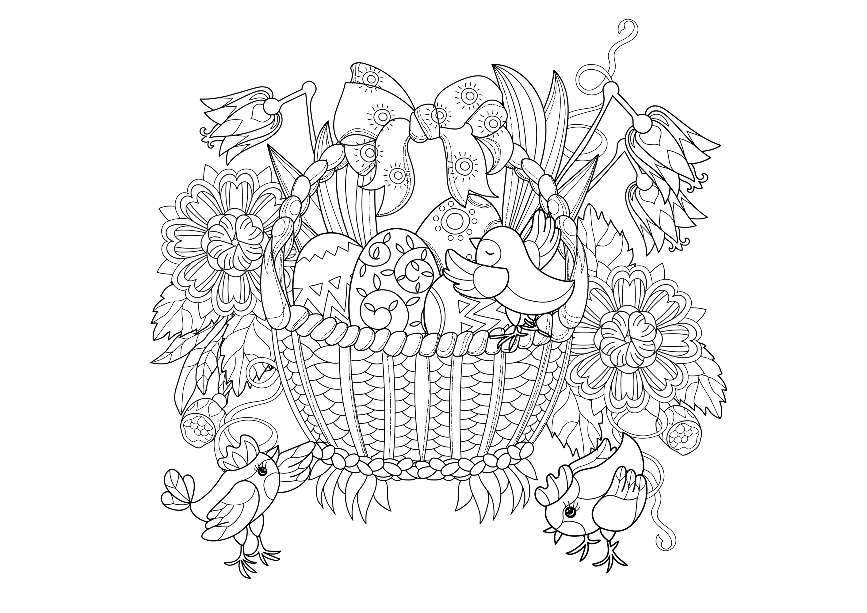 Korb mit Ostereiern und kleinen Vögeln (Ausmalbild von Ostern zum Ausdrucken und Ausmalen für Erwachsene)