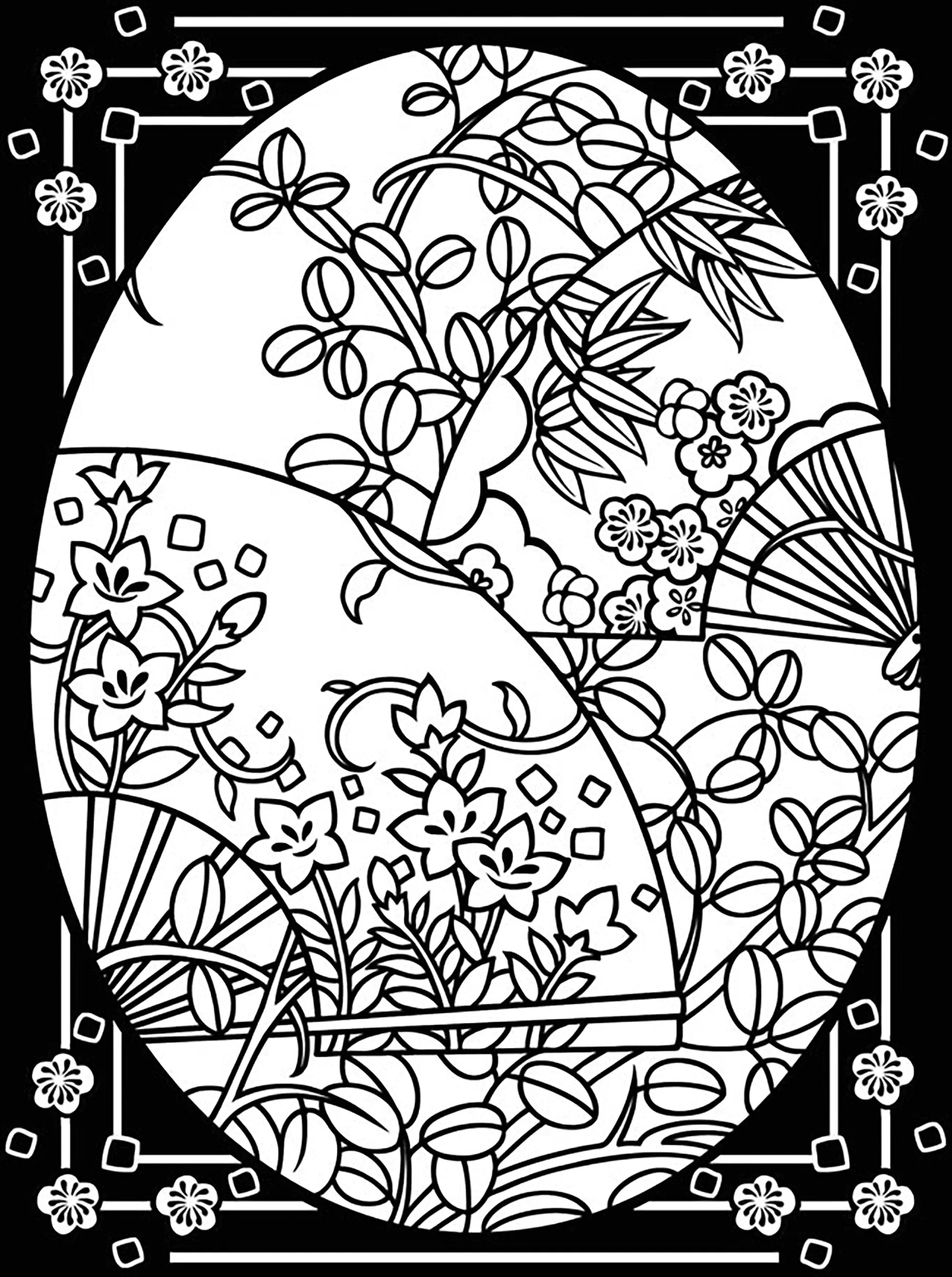 Osterei mit unglaublichen Blumen und Blättern (Ausmalbild von Ostern zum Ausdrucken und Ausmalen für Erwachsene)