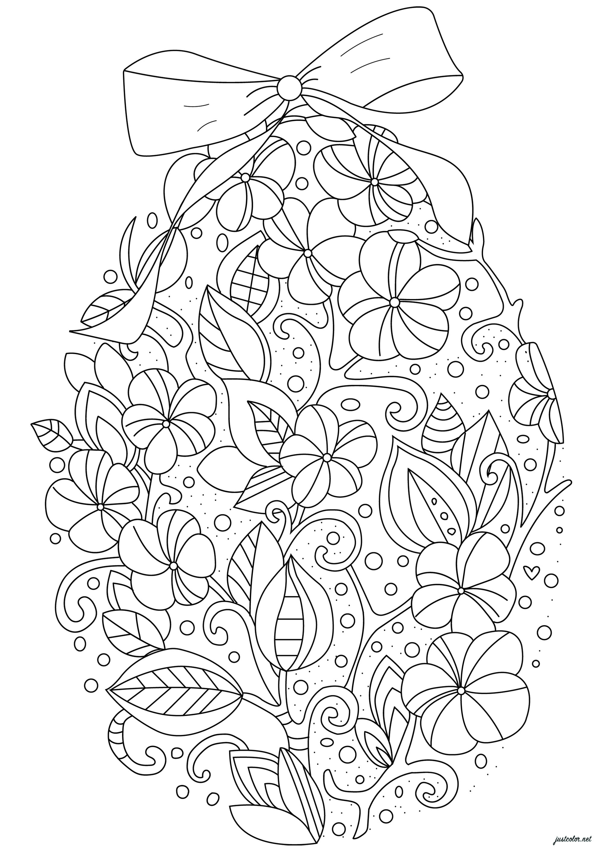 Ei mit schönen Blumen- und Pflanzenmotiven (Ausmalbild von Ostern zum Ausdrucken und Ausmalen für Erwachsene)