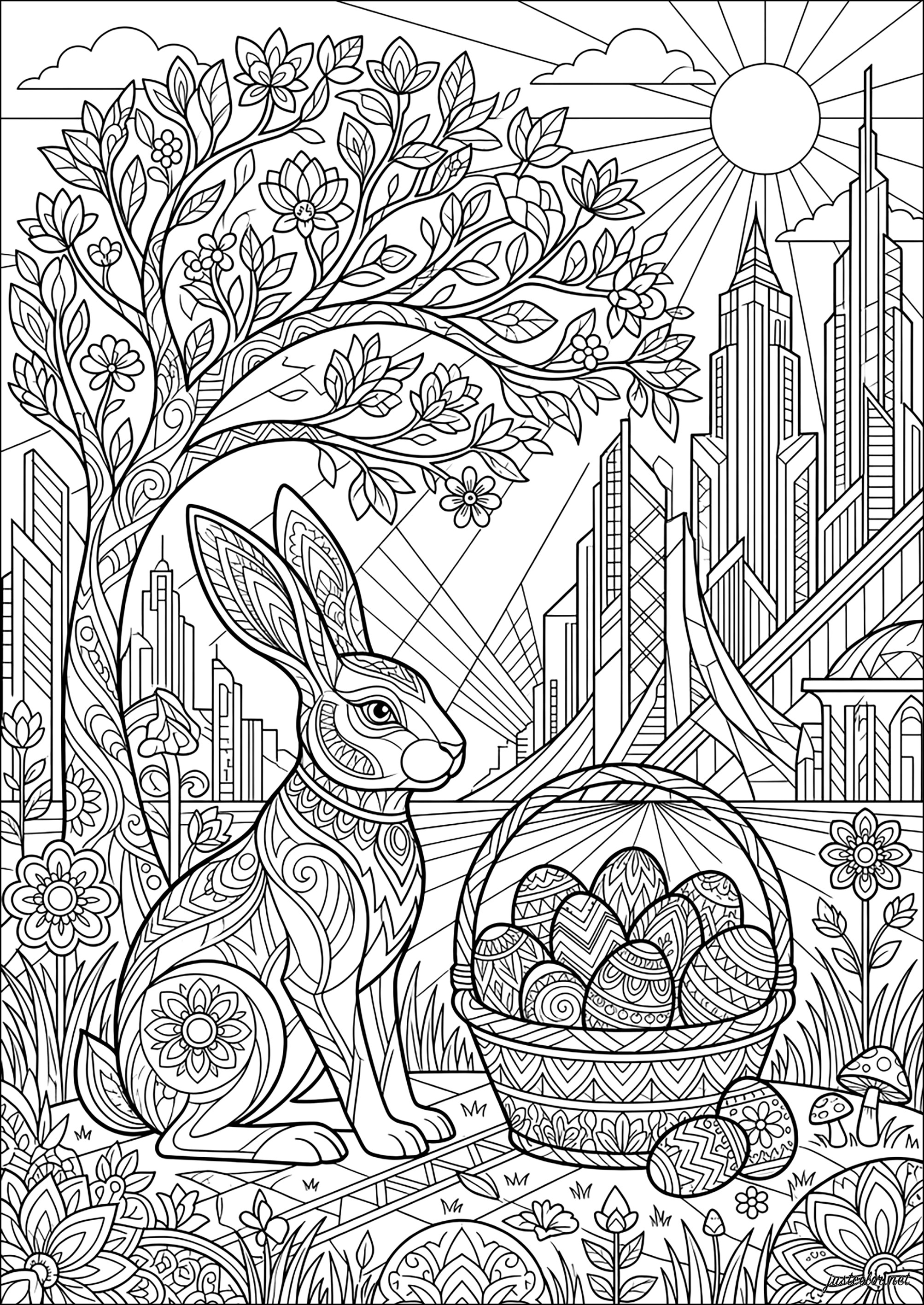 Futuristisches Ostern (Ausmalbild zum Ausdrucken und Ausmalen für Erwachsene)