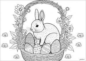 Kaninchen im Korb mit Ostereiern (Ausmalbild von Ostern)