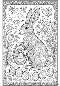 Komplexer Hase mit Eierkörben (Ausmalbild von Ostern)