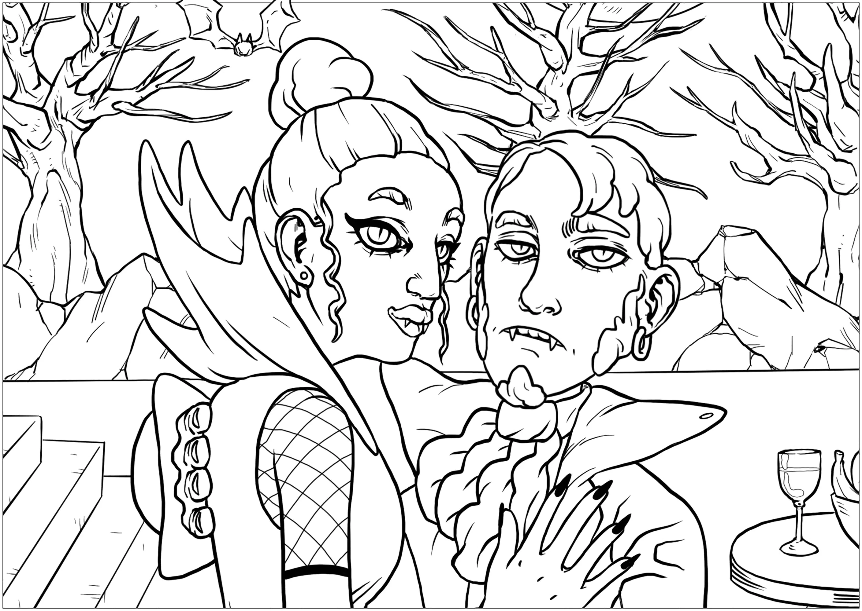 Couple of vampires - portrait version (Ausmalbild von Halloween zum Ausdrucken und Ausmalen für Erwachsene)