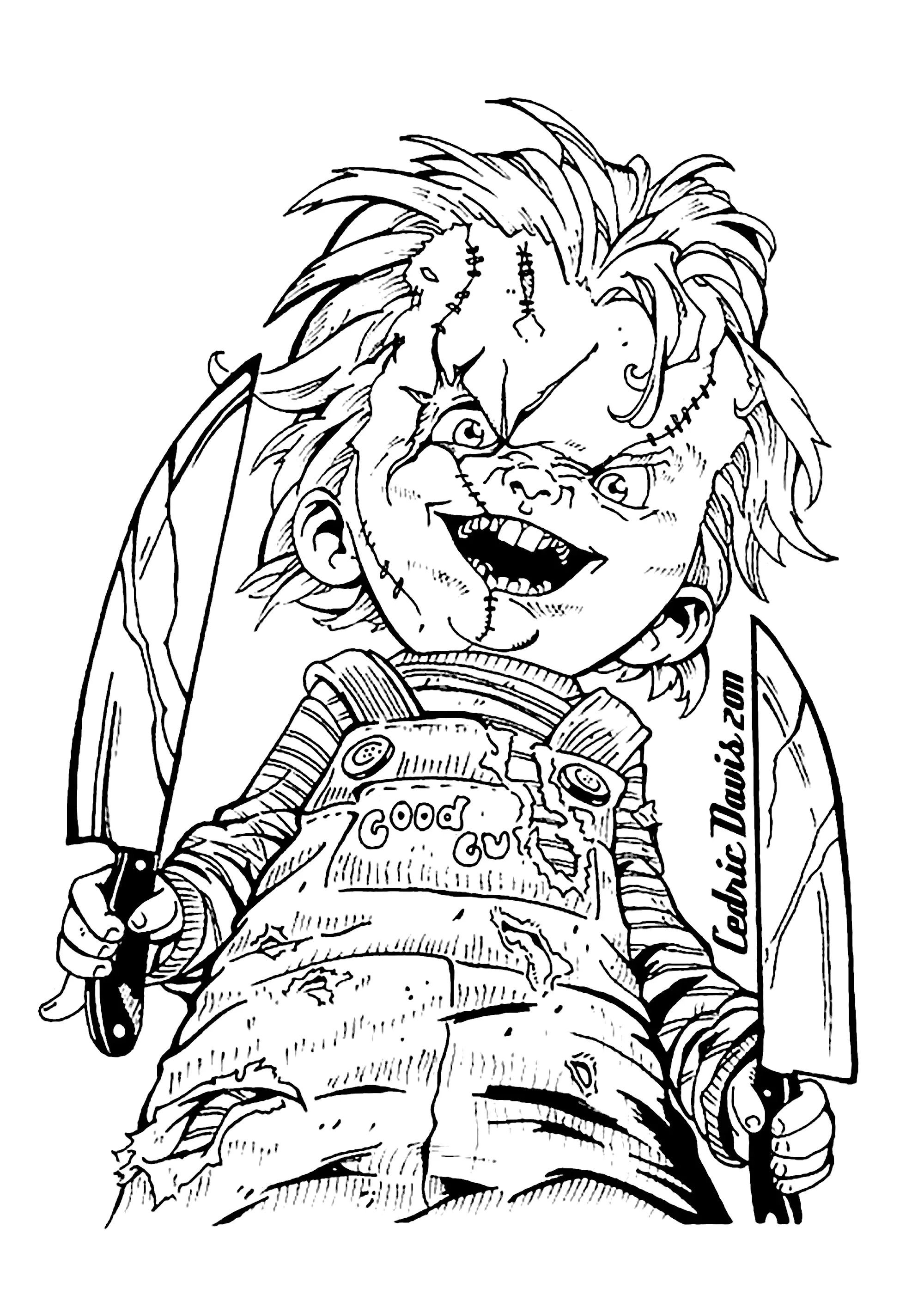 "Hi, ich bin Chucky. Willst du spielen?" (Ausmalbild von Halloween zum Ausdrucken und Ausmalen für Erwachsene)