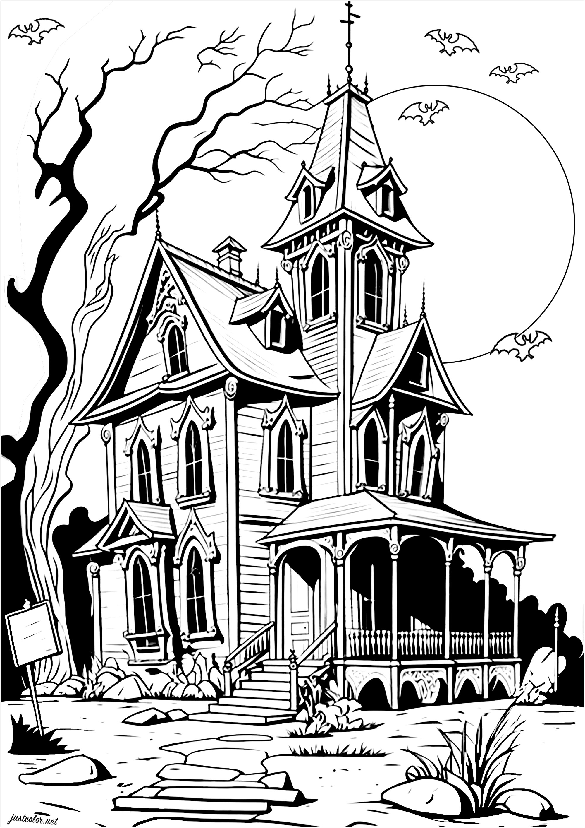 Farbgebung eines sehr düster aussehenden Hauses. Wirst du es wagen, dieses Haus zu betreten, das scheinbar von Geistern bewohnt wird? Die Fledermäuse beschützen es...