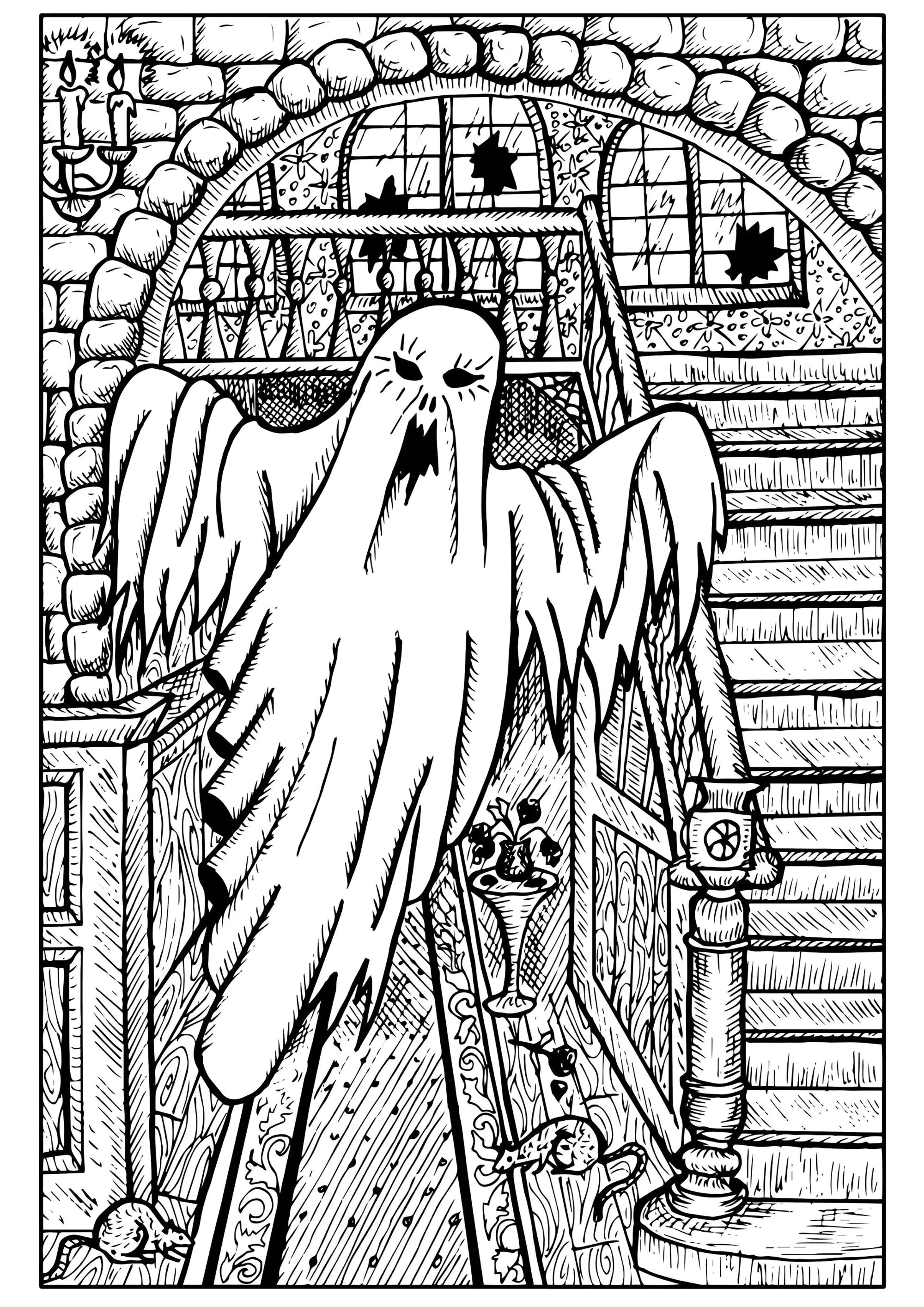 Geist in einem Spukhaus (Ausmalbild von Halloween zum Ausdrucken und Ausmalen für Erwachsene)