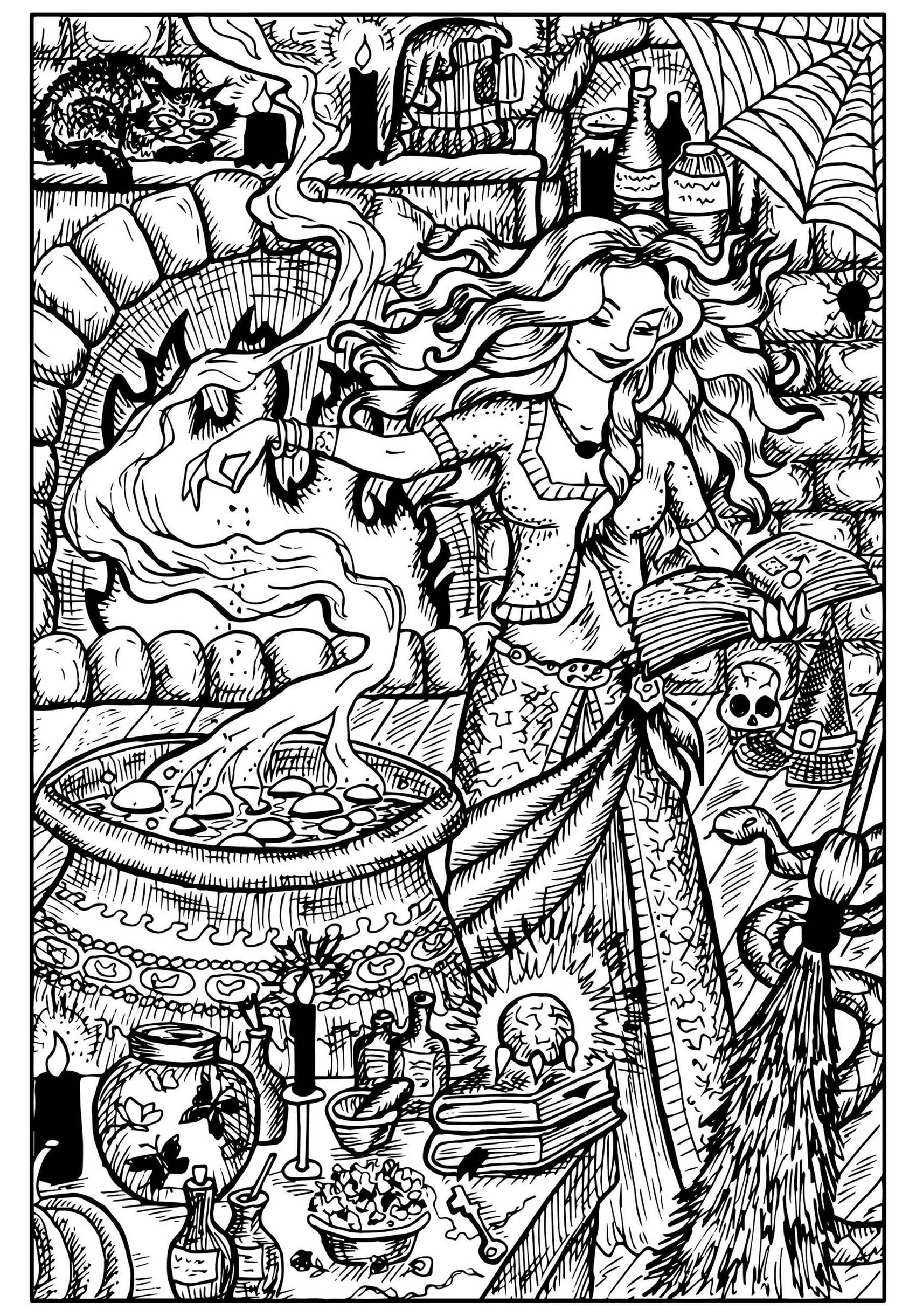 Hübsche Hexe und ihr Kessel. Diese Hexe bereitet in ihrem Zauberkessel einen bösen Trank zu. Ihre Werkstatt ist voll von schwarzen Katzen, Spinnweben, Insekten und Giften ....