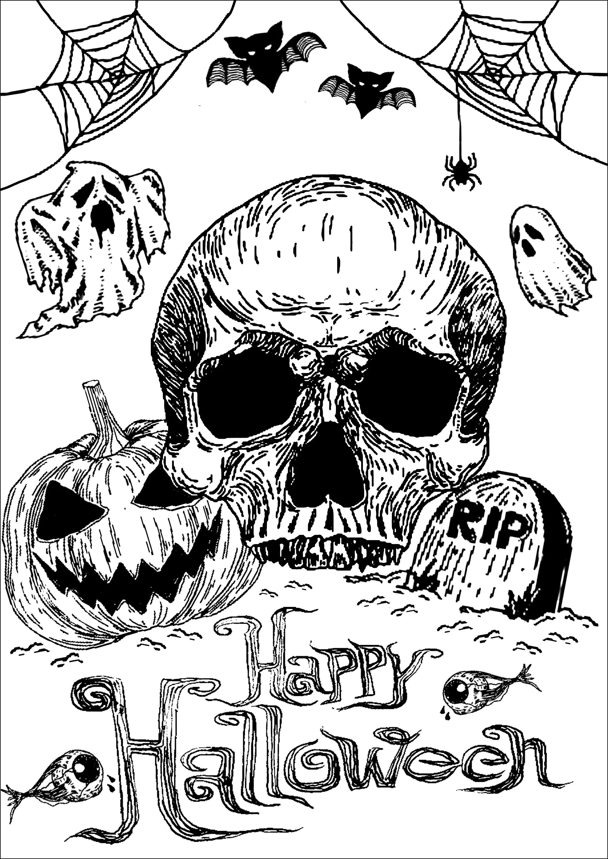 Schädel, Kürbis und Grab (Ausmalbild von Halloween zum Ausdrucken und Ausmalen für Erwachsene)