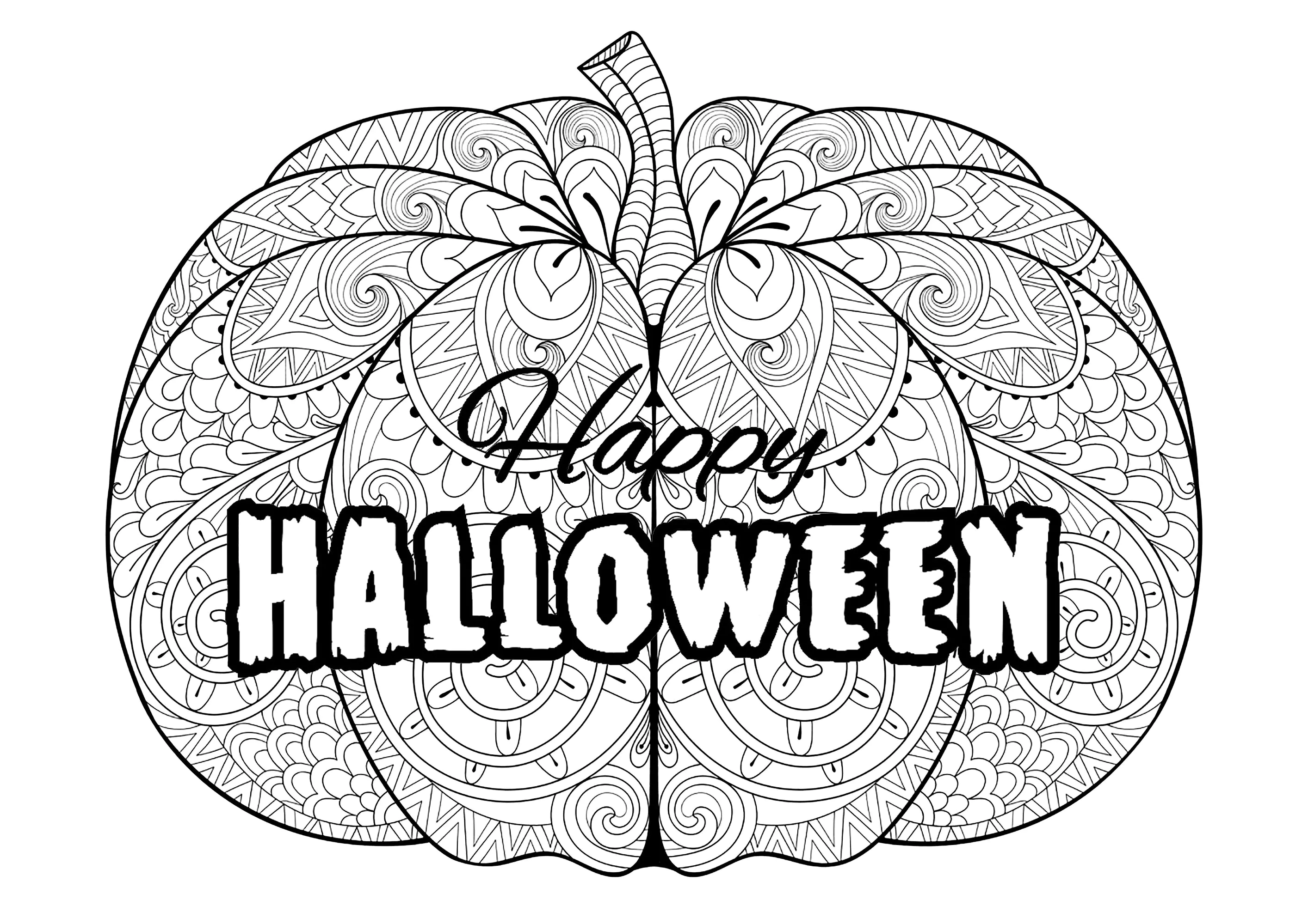 Großer Halloween-Kürbis mit Motiven (Ausmalbild zum Ausdrucken und Ausmalen für Erwachsene)