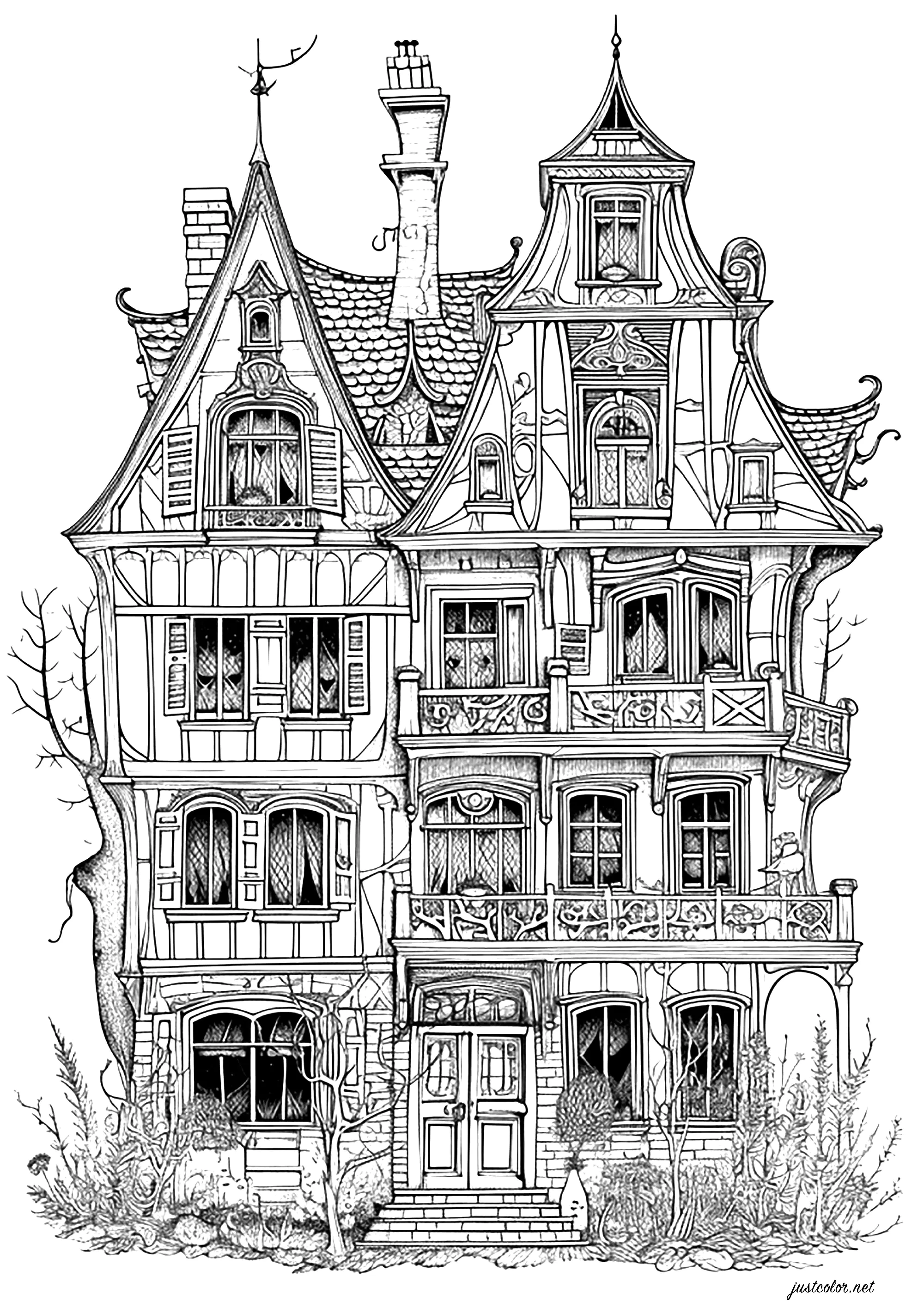 Spukhaus mit vielen Etagen (Ausmalbild von Halloween zum Ausdrucken und Ausmalen für Erwachsene)