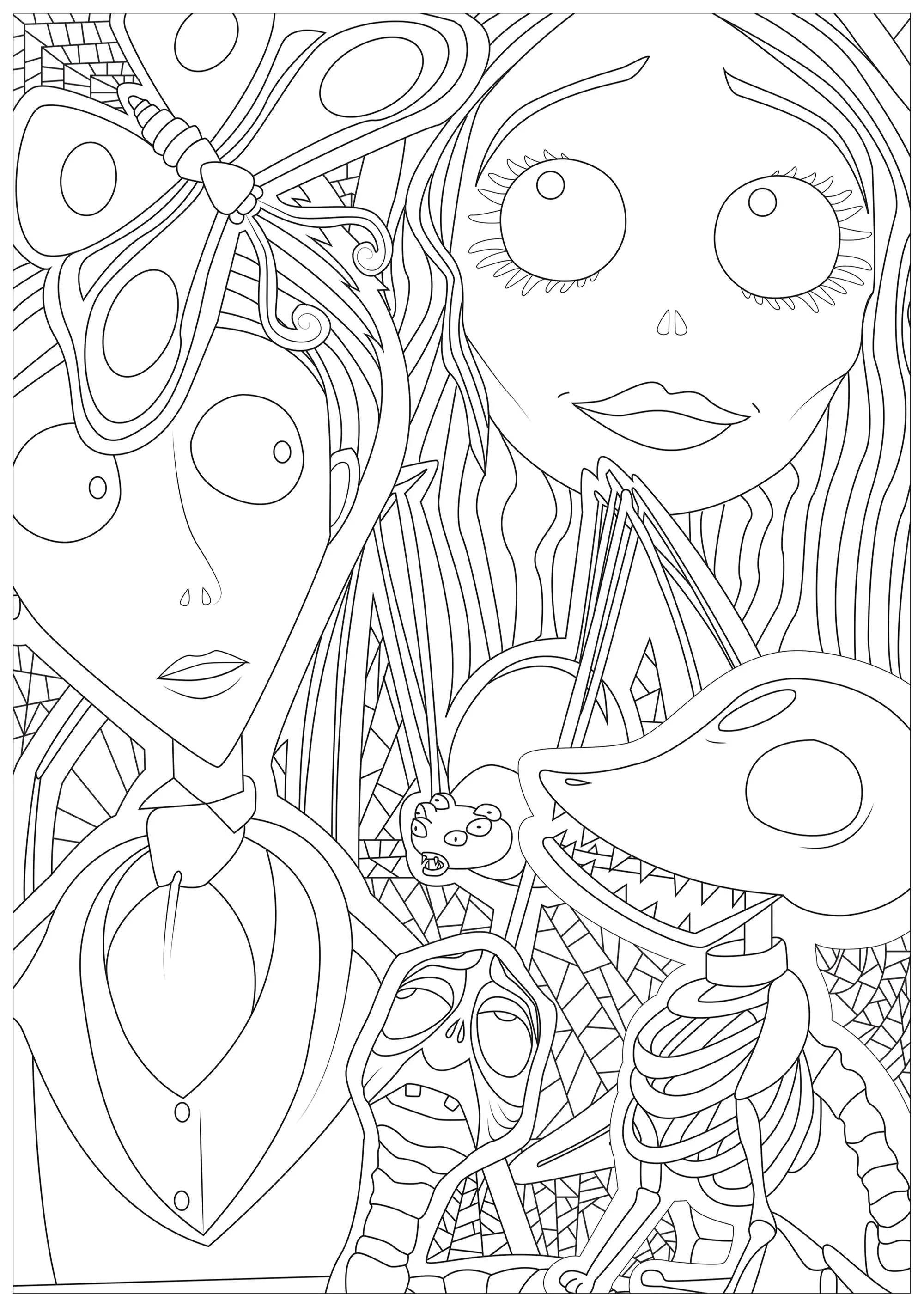 Leichenbraut (Ausmalbild von Halloween zum Ausdrucken und Ausmalen für Erwachsene)
