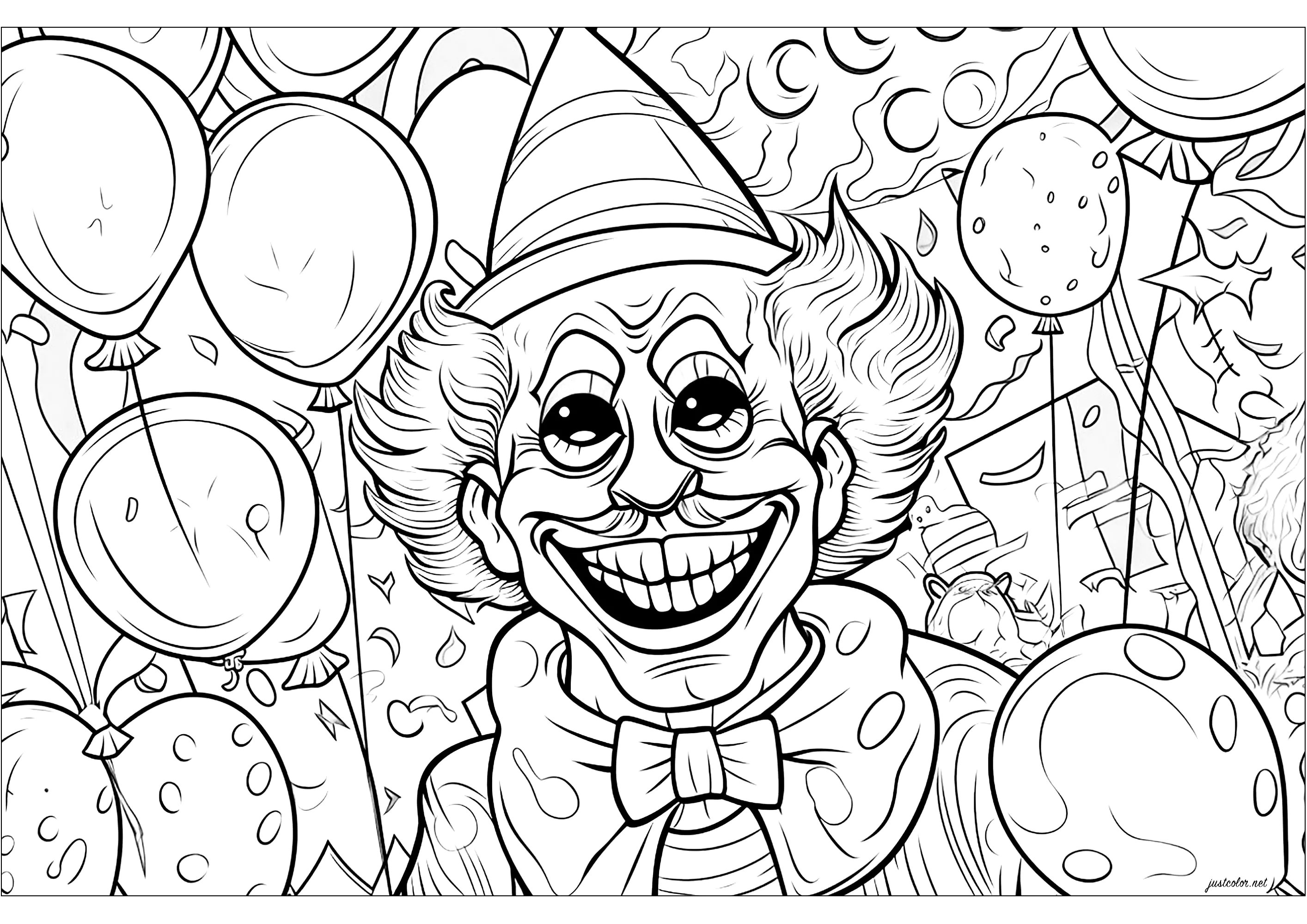 Bruno der böse Clown (Ausmalbild von Halloween zum Ausdrucken und Ausmalen für Erwachsene)