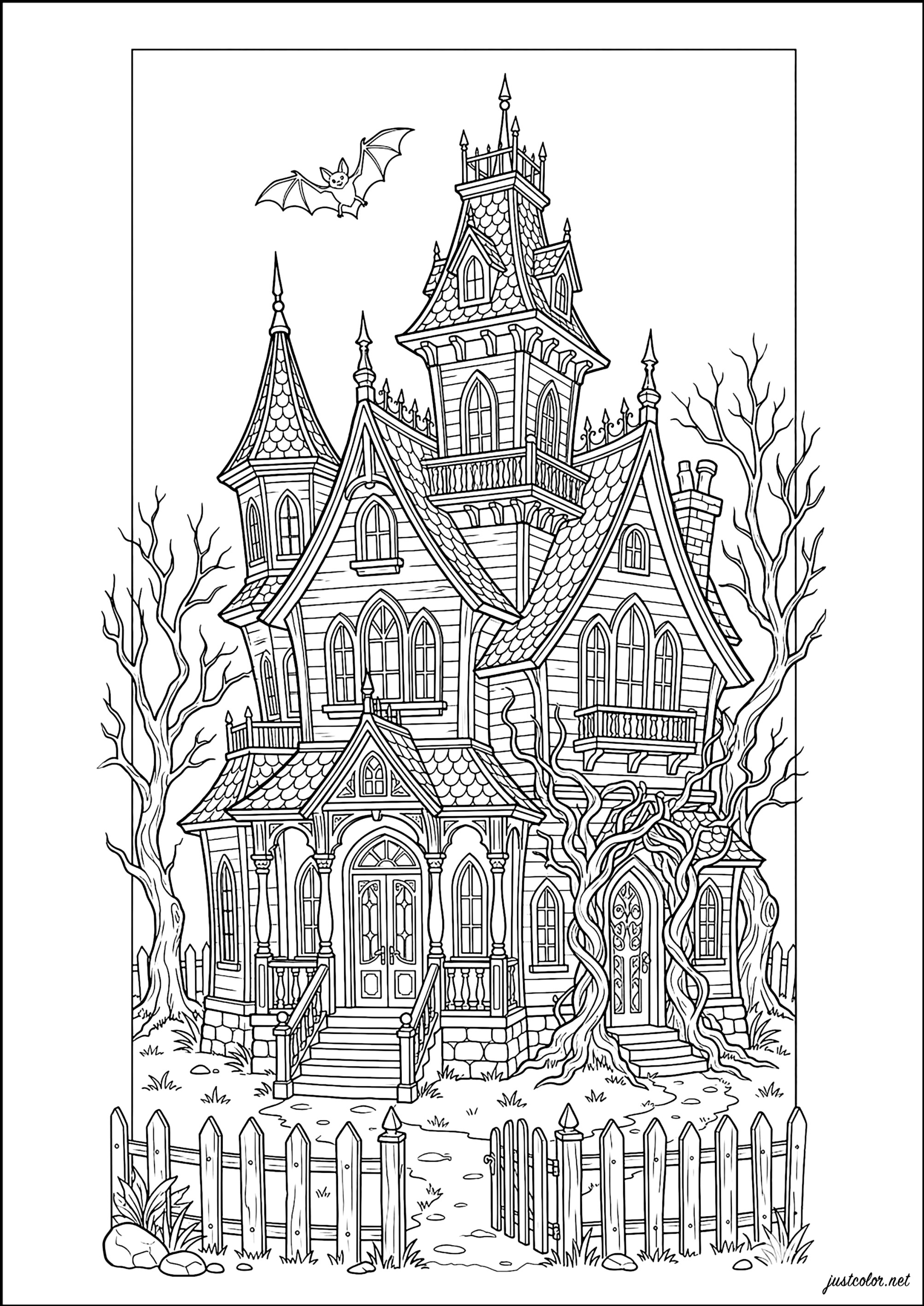 Geheimnisvolle Villa im Mondschein (Ausmalbild von Halloween zum Ausdrucken und Ausmalen für Erwachsene)