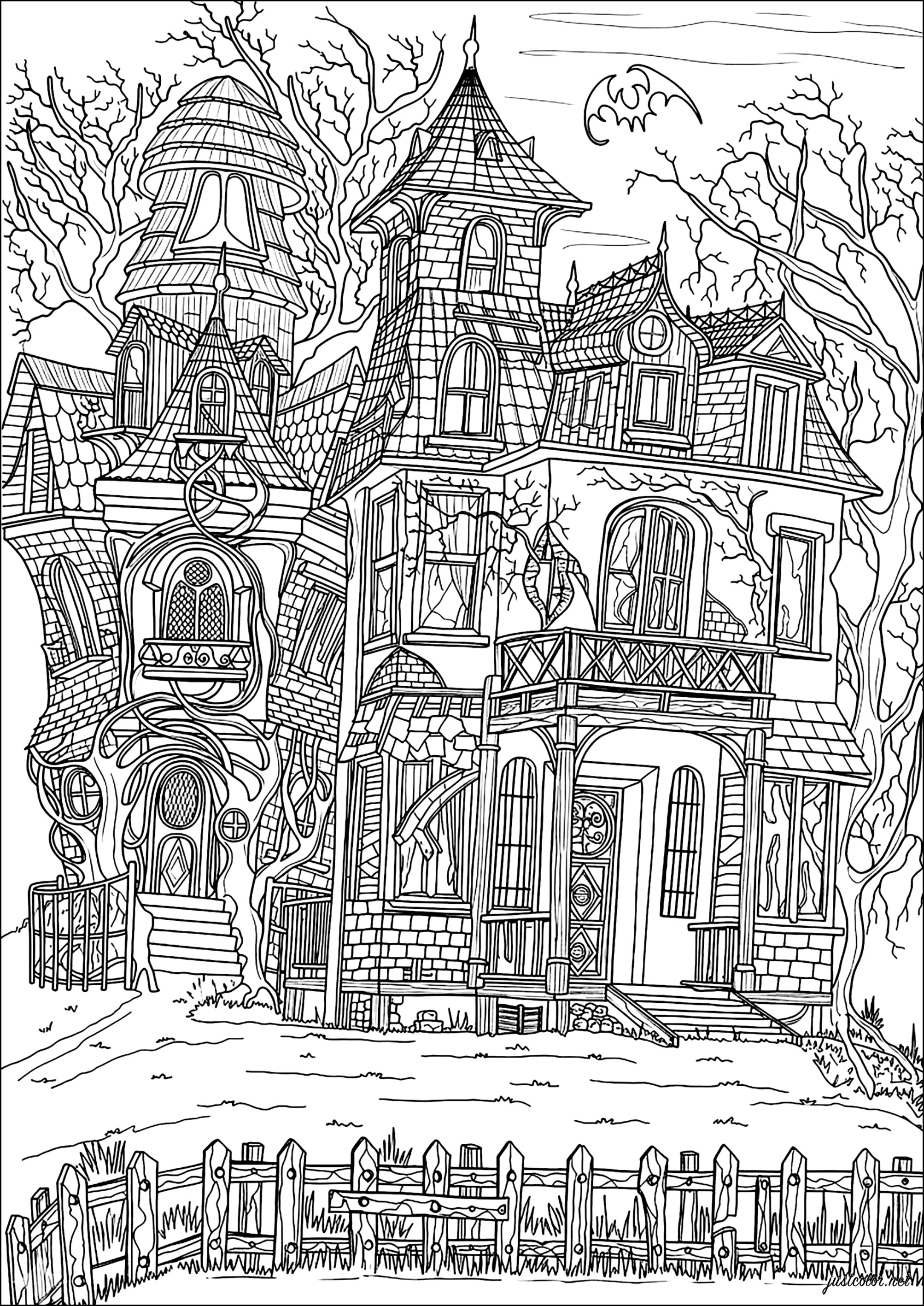 Rankenverwachsenes Geheimnisvolles Herrenhaus (Ausmalbild von Halloween zum Ausdrucken und Ausmalen für Erwachsene)