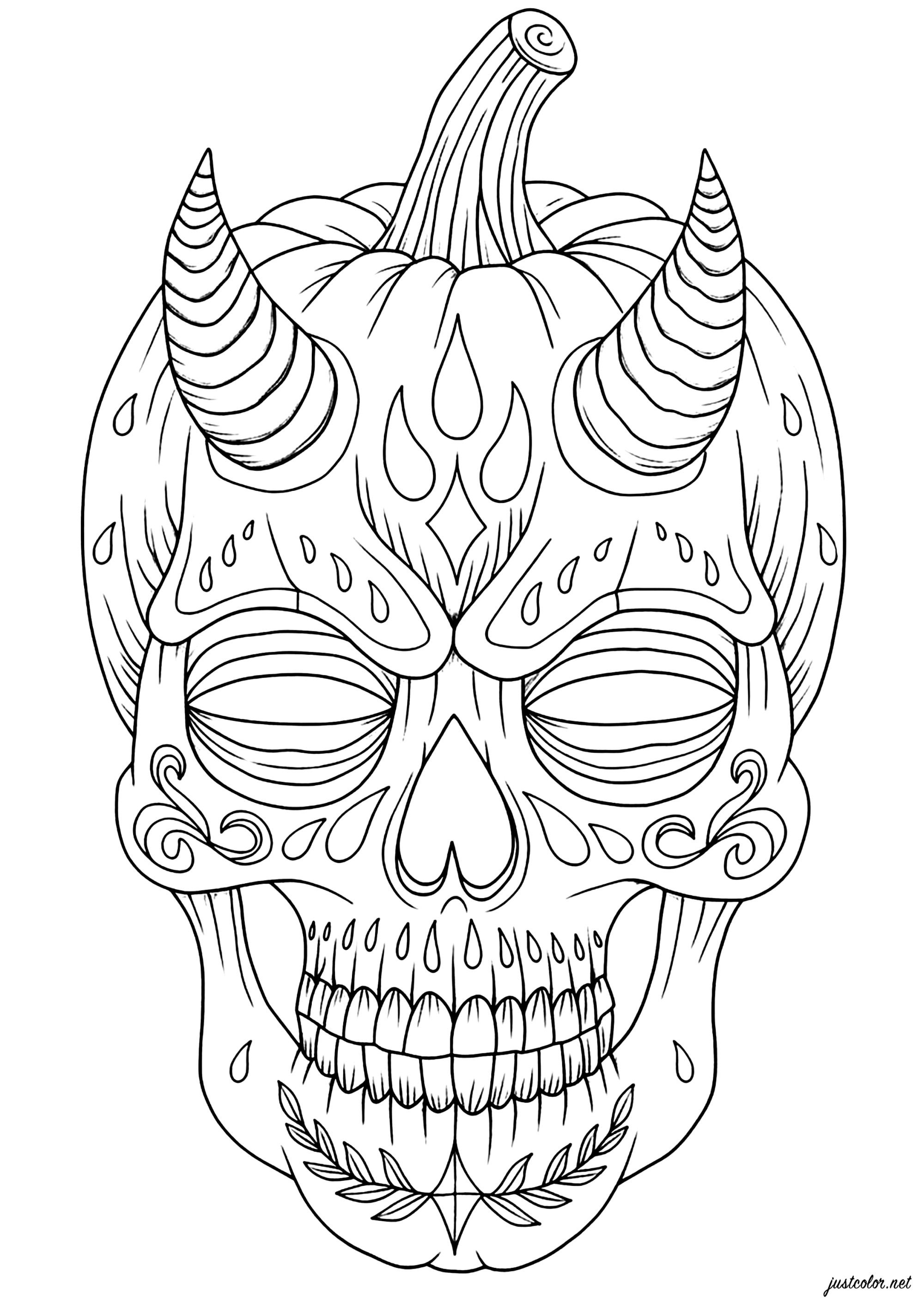 Dämonische Kombination aus Schädel und Kürbis (Ausmalbild von Halloween zum Ausdrucken und Ausmalen für Erwachsene)
