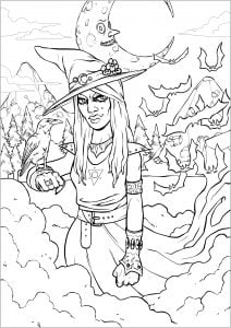 Halloween-Hexe und ihr Rabe - komplexe Version (Ausmalbild)