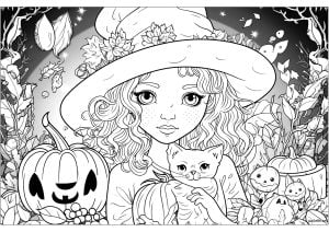 Junge Hexe und ihre Katze (Ausmalbild von Halloween)