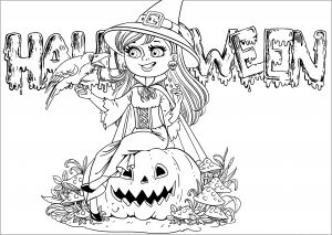 Hexe und Text Halloween (Ausmalbild)