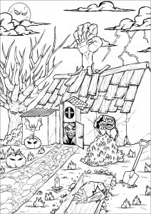 Halloween-Spukhaus und seine Kreaturen (Ausmalbild)