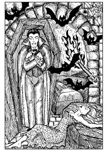 Vampir im Sarg, Fledermäuse und gebissene Frau (Ausmalbild von Halloween)