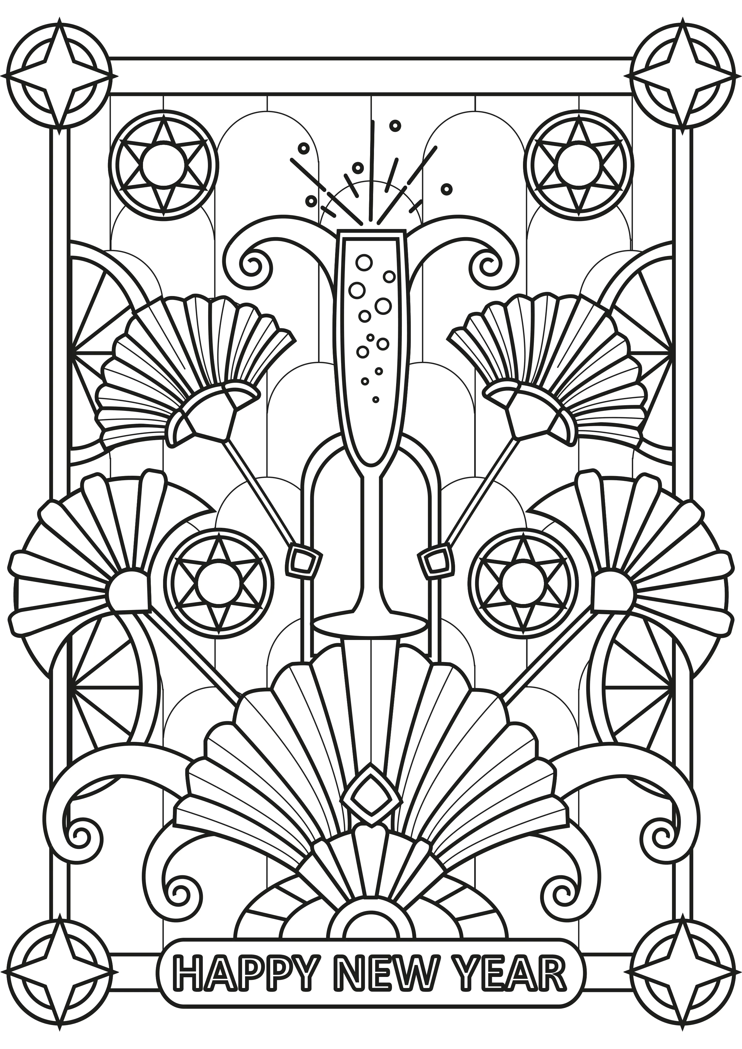 Champagner und Art Deco - Text "Frohes neues Jahr (Ausmalbild zum Ausdrucken und Ausmalen für Erwachsene)
