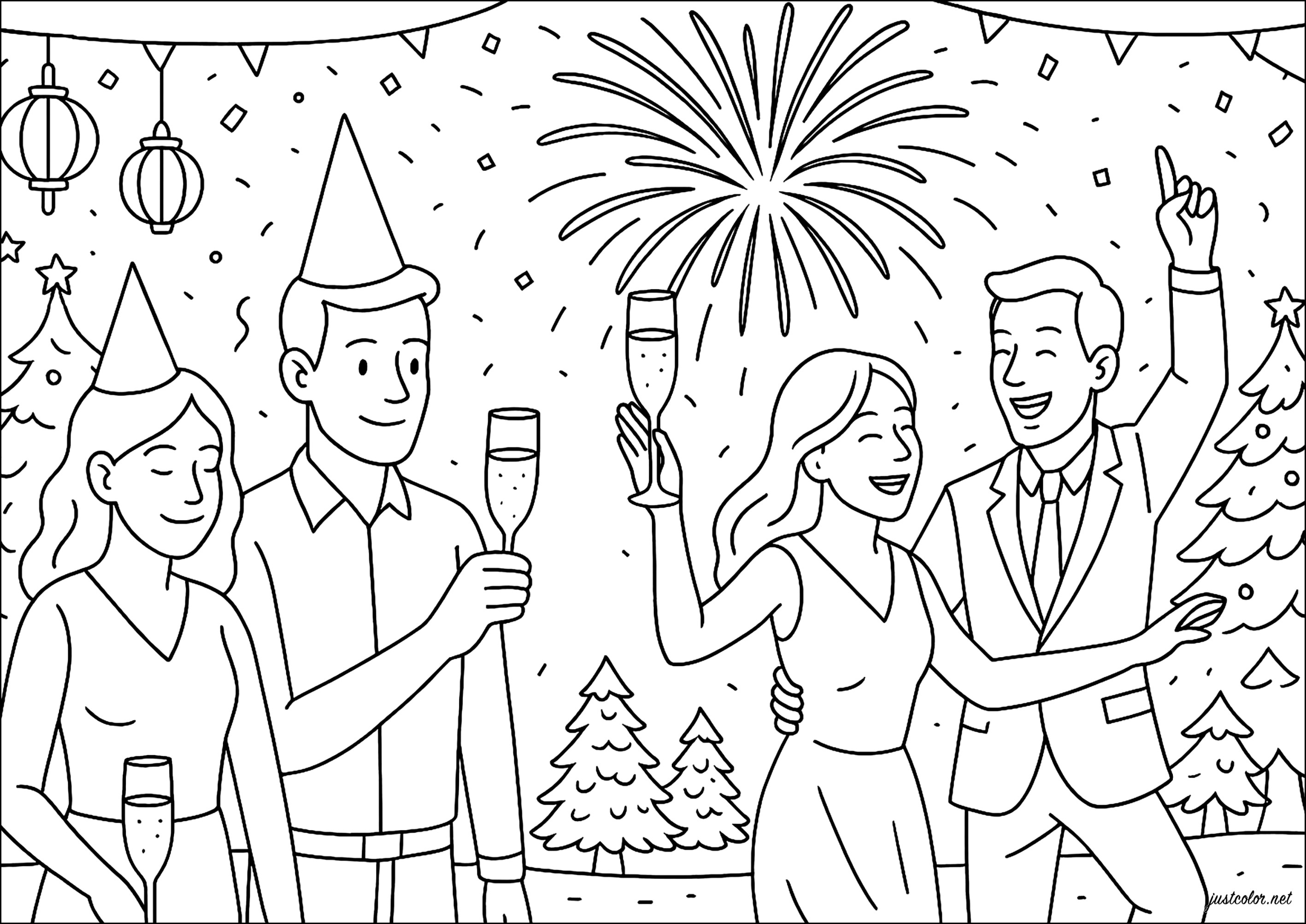 Feuerwerk und Champagner (Ausmalbild von Frohes neues Jahr zum Ausdrucken und Ausmalen für Erwachsene)