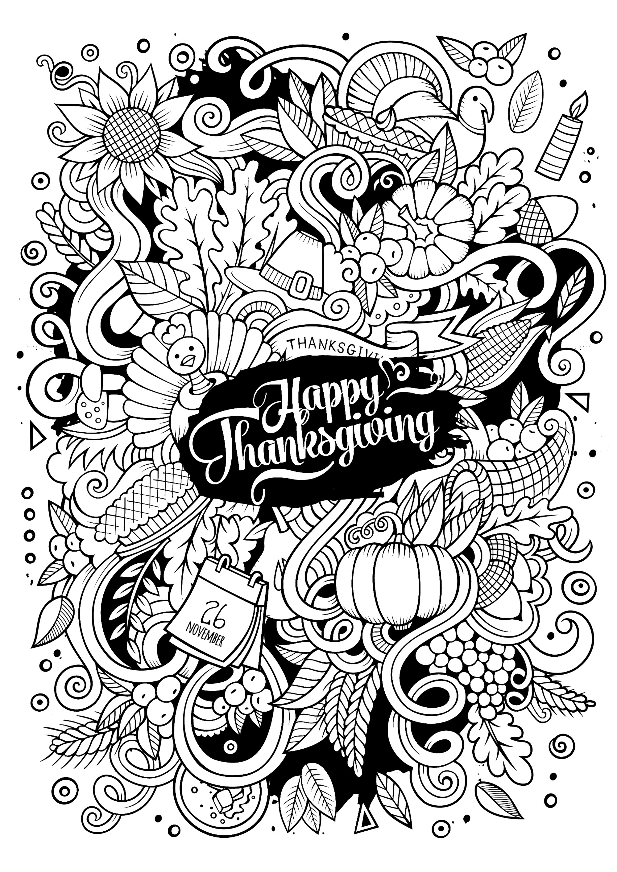Eine Malvorlage im 'Doodle'-Stil für Thanksgiving. Viele hübsche Herbst- und Erntedankmotive zum Ausmalen, in einer Vielzahl von leuchtenden Farben.